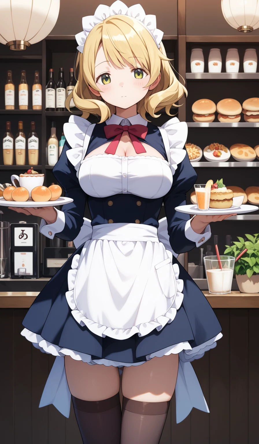 masterpiece, best quality, detailed beautiful face and eyes, very detailed background, Mami Tomoe, megami magazine, medium blonde hair, large breasts, 1girl, cafe sign, standing, blush, maid, maid apron, thigh highs, standing
