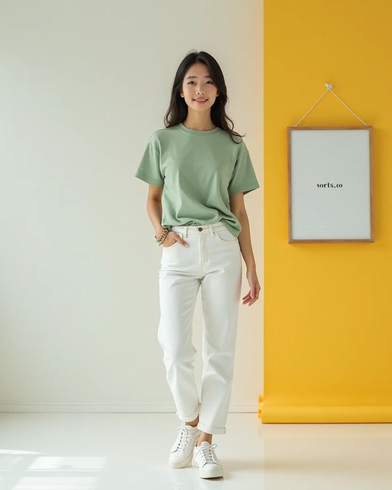 Studio background, 19 years old asian female with plain soft green t shirt, white jeans and white sneakers with fashionable accessories,  sign board on the wall includes arial font text (vorst.co)