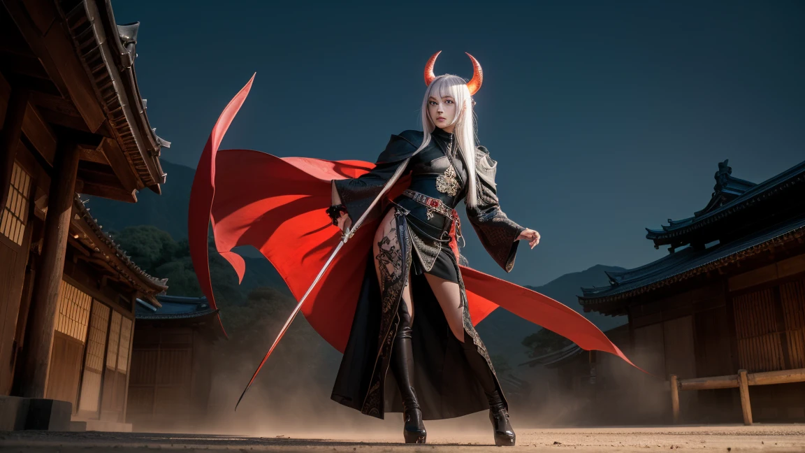 Create a demon woman with human skin and two red horns on her forehead and long white hair and red eyes and black short shirt and black pants and red boots Fire and mountains scenery and Red sky (アニメ/Dramatic/Full Body)