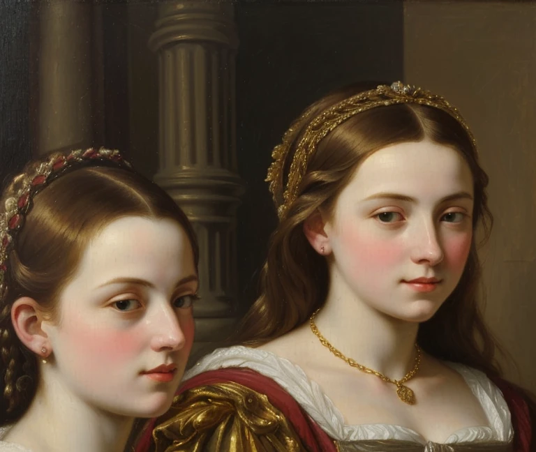 Two beautiful young women are in the French gallery, they are absorbed in the painting by magical events and turn into a painting of medieval women, in the painting, while the medieval women are free and leave the gallery, high detail of the face, 8k --auto --s2
