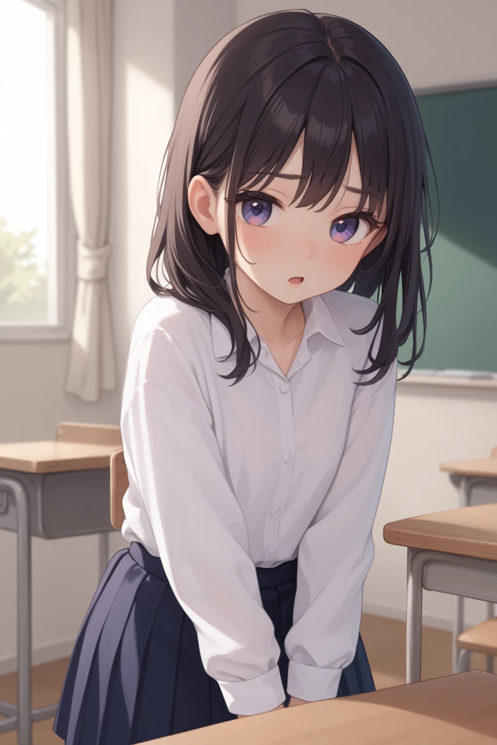 (8k、Best image quality、Highest quality、masterpiece)、One tall girl、((Full body))、Sitting on the floor、White panties are visible、Long Hair、Wavy Hair、blush、Moderate bust、White collared shirt、Short sleeve、((Plaid pleated mini skirt))、Classroom Background、((black tights))、Black Pantyhose、((No shoes))