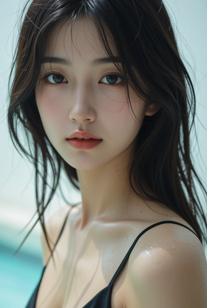 (Highest quality, 4K, masterpiece :1.3), Beautiful woman, One girl, sexy :1.1, Dark brown hair: 1.1, (It rained and I got wet, Raindrops, Wet body :1.2), White vest, Highly detailed face, Detailed lips, Dark Eyes, Detailed eyes, double eyelid