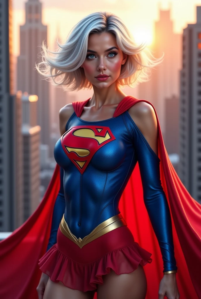 32k hires best quality professional photograph,a BEAUTIFUL girl with white hair in an elaborate Superman costume with long sleeves in white, covering the whole body, Vivid colors, (dramatic lighting:1.3), white capelet , White Superman Costume, Suit with white carbon fiber details, (intricate details:0.9), (HDR, hyper-detailing:1.2), (natural skin textures, hyper realisitc, soft light, Sharp very wet ,detailed_background, full_body, realistic, very cheeky smile, very challenging facial expression The unearthly radiance casts an eerie glow, As she surveys her surroundings with introspectiv complex, , illustration fractal filigree red/gold and silver, soft golden and silver shimmer reflection rainy glass bubble water or elastic glass-like material, Mysterious ,more saturation