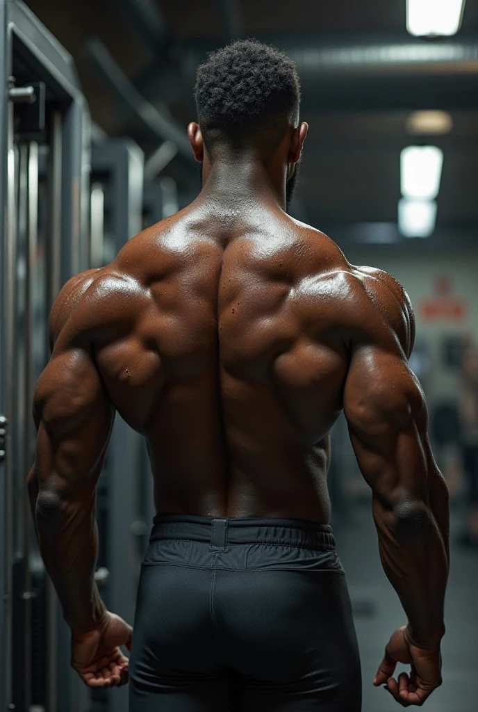 Black men squatting with a huge butt in tight grey sweatpants, huge bulge, in gym, big cock, wet stain near crotch area of sweatpants, huge pecs, shirtless, huge muscles, 6 pac, tall