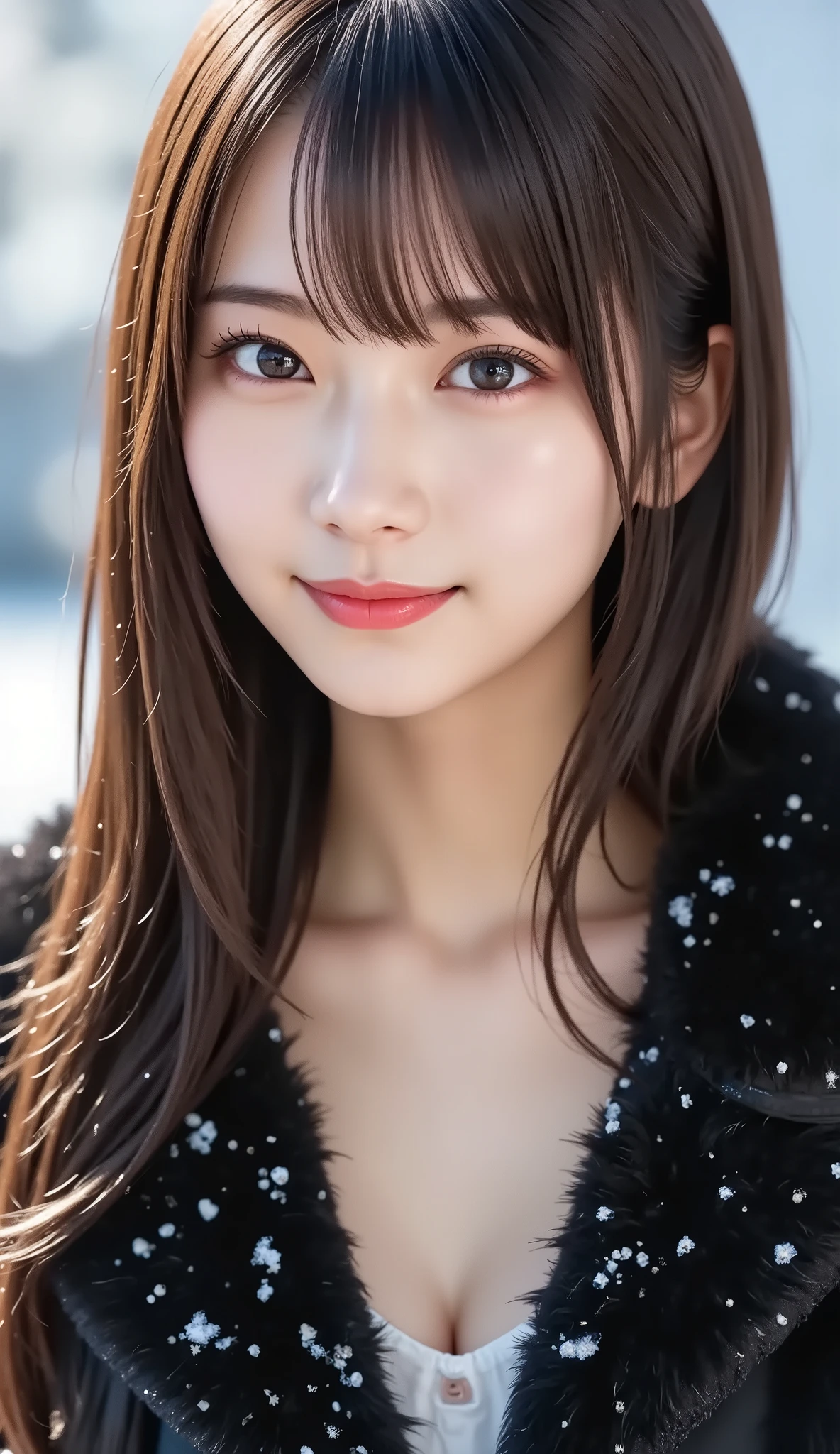(a state where the face is accurately positioned in the center of the image: 1.5), (upper breast: 1.5), (fully reflects the entire head: 1.5), (Face clearly visible: 1.2)、 (black fur coat : 1.4), (A clear day with powdery snow : 1.5), long hair、bangs, smile, young and cute japanese face , official art, high image quality CG Unity 8k wallpaper,Ultra high image quality , very well detailed, high image quality , Film Grain , lens flare glow , Best Quality ,8k, as a portrait shot ,8k, viewer , (( masterpiece)), (( Best Quality )), ( very well detailed), (( it's cute )), (( sexy)), (( very well detailedな)), ( Detail Wear Features ), ( beautiful), illustration of a woman with a penis , beautiful Japanese woman, (( ladies 1 )), (Tight Chest : 1.3)