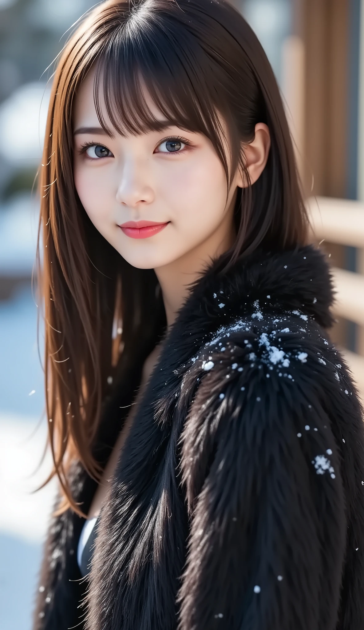 (a state where the face is accurately positioned in the center of the image: 1.5), (upper breast: 1.5), (fully reflects the entire head: 1.5), (Face clearly visible: 1.2)、 (black fur coat : 1.4), (A clear day with powdery snow : 1.5), long hair、bangs, smile, young and cute japanese face , official art, high image quality CG Unity 8k wallpaper,Ultra high image quality , very well detailed, high image quality , film grain , lens flare glow , Best Quality ,8k, as a portrait shot ,8k, viewer , (( masterpiece)), (( Best Quality )), ( very well detailed), (( it's cute )), (( sexy)), (( very well detailedな)), ( Detail Wear Features ), ( beautiful), illustration of a woman with a penis , beautiful Japanese woman, (( ladies 1 )), (Tight Chest : 1.3)