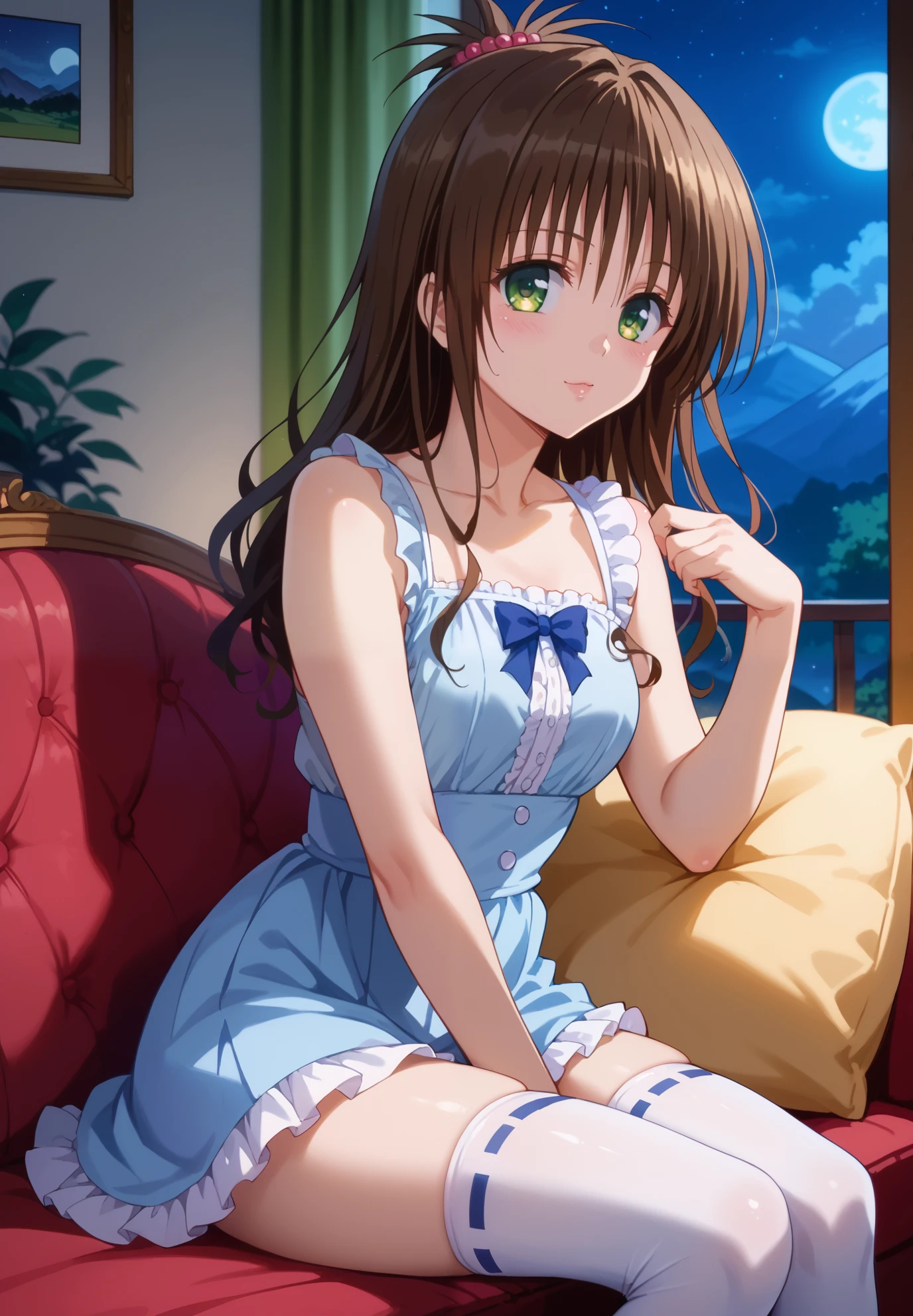 1girl, Yuki Mikan, Tu Love Ru, brown hair, sitting on a couch, thigh highs with ribbons, alluring pose, BREAK, night time, mountain cottage, cinematic lighting,
