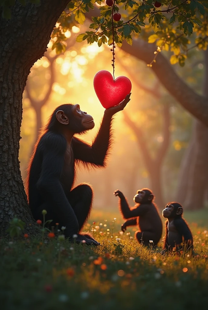 a chimpanzee picking a heart from a tree while it lights up with rays of sunshine , in the back there are more apes watching on as the chimpeshands cradle the heart showing to them its beauty and awe, elders and Youngers look on with amazement as it was there the whole time