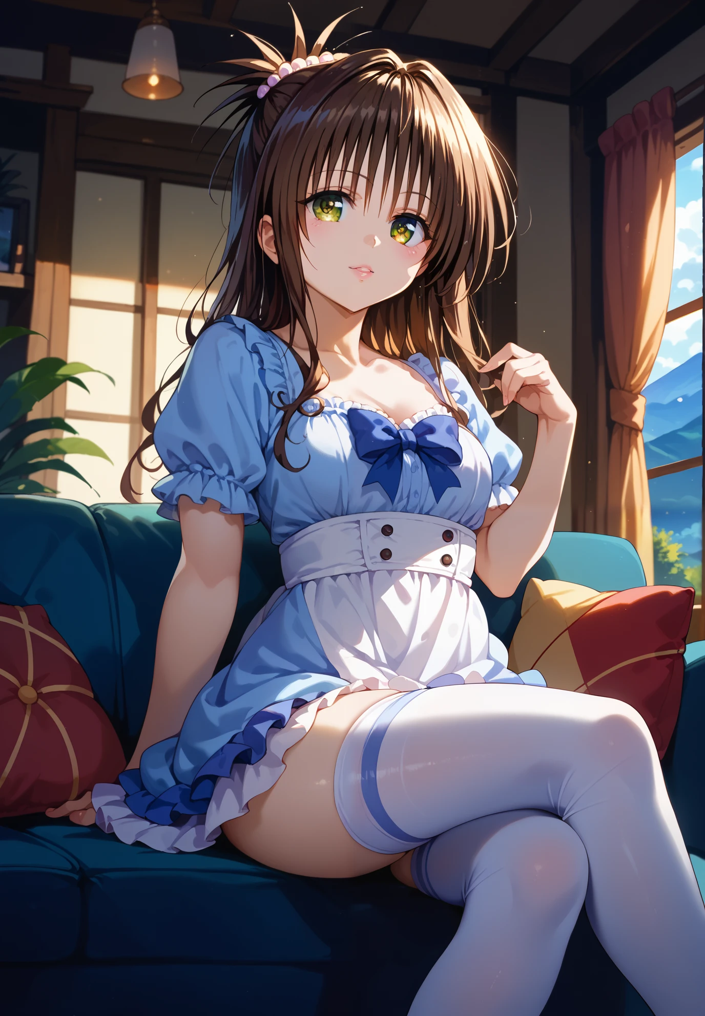 1girl, Yuki Mikan, Tu Love Ru, brown hair, sitting on a couch, thigh highs with ribbons, alluring pose, BREAK, night time, mountain cottage, cinematic lighting,