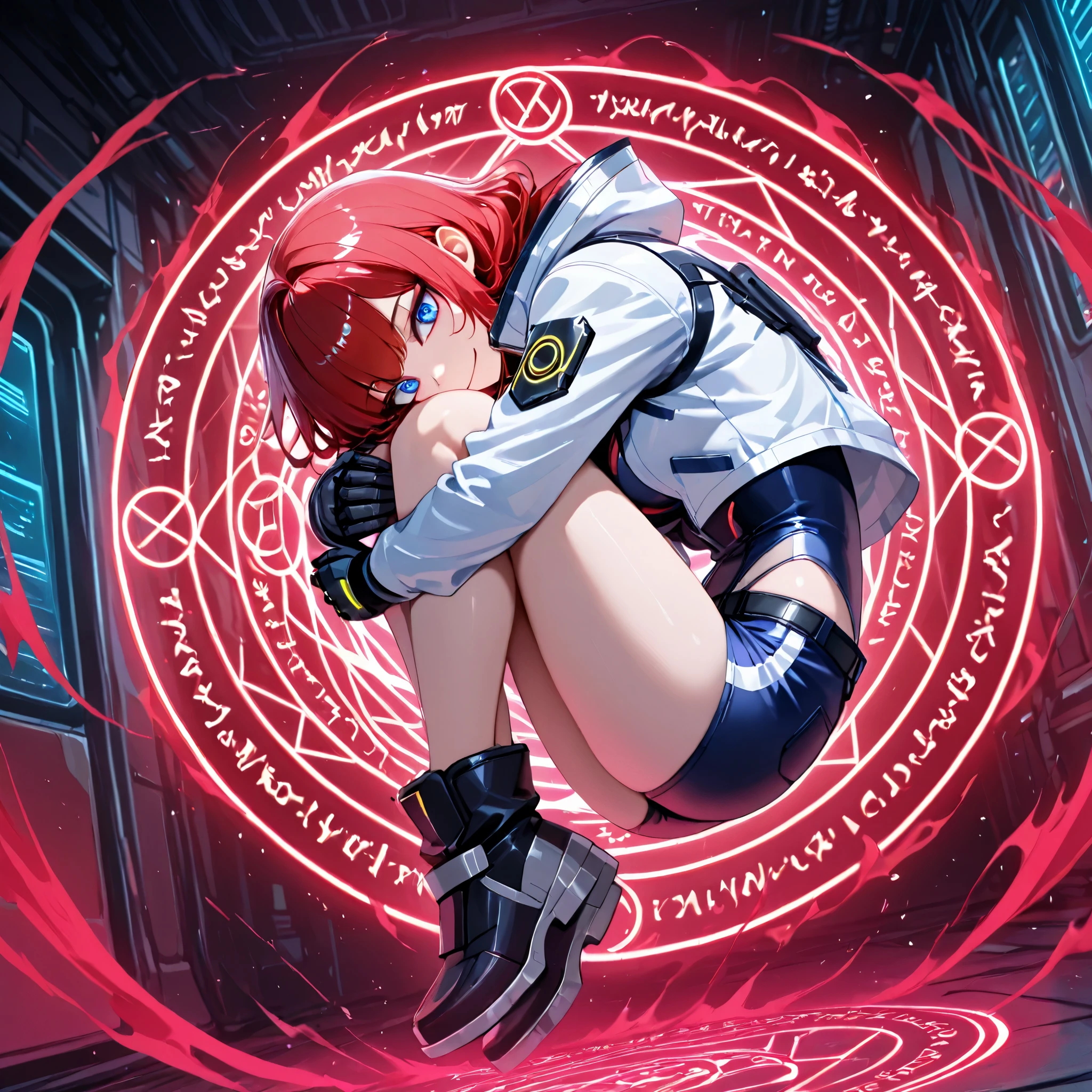 1girl ,solo focus,three-dimensional composition. . Woman surrounded by red aura.,dives into a magic circle on the ground、A woman in the air、looking at viewer、dark blue eyes,Red hair heroine, dive in fetal position.,fetal position,Jump to. Jump into the glowing portal of the magic circle on the ground. Indoor. Inside the secret base. cyberpunk,, smiles, ., active angle. Dynamic composition,fetal_position、. Female genitalia through shorts.Enchanting Eyes