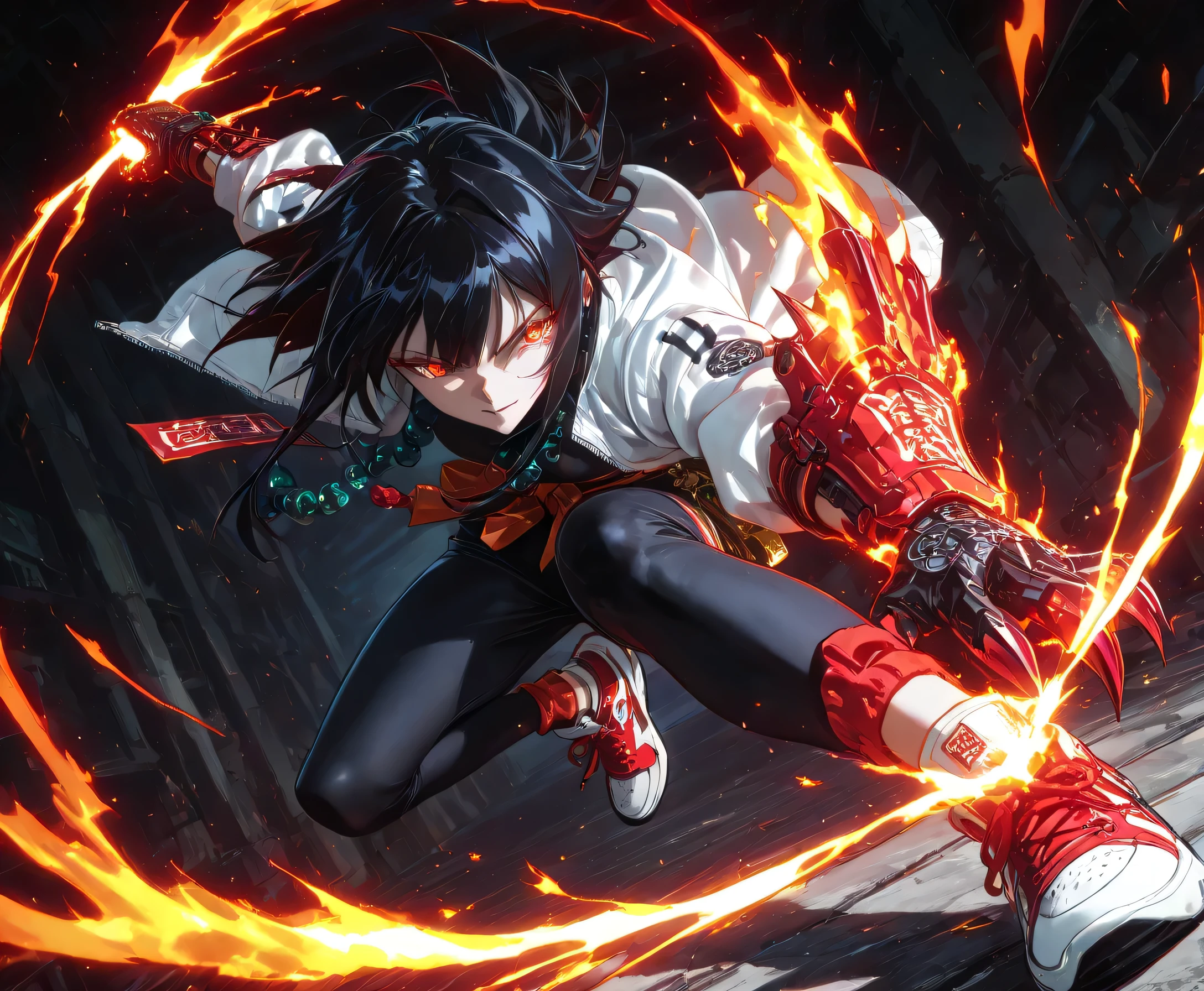 1girl, black hair, stylish clothes, stylish sneakers, grafiti as a backdrop, intricate detailed,Dragon claw gloves,Overflowing energy,Japanese anime painting art,Long black hair girl, arrogant face, With a sinister smile, ornament,Large prayer beads as accessories,High Resolution, Masterpiece, Accurate, Anatomically Correct, Award Winning, Best Quality, High Details, High Quality, Super Detailed, Anime, Anime Style, Japanese Illustration Style, dynamic angle, dynamic view,