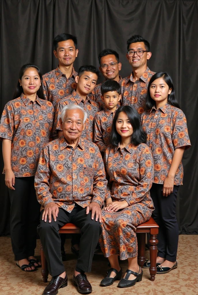Family photo of 11 native Indonesians, wearing the same batik uniform, consisting of: - 60 year old man and woman, black hair, sitting on a bench - 3 men and 3 women aged 30 years, standing behind - 2 boys aged 12 years, standing behind the bench - 1 girl aged 7 years, sitting on a bench in the middle