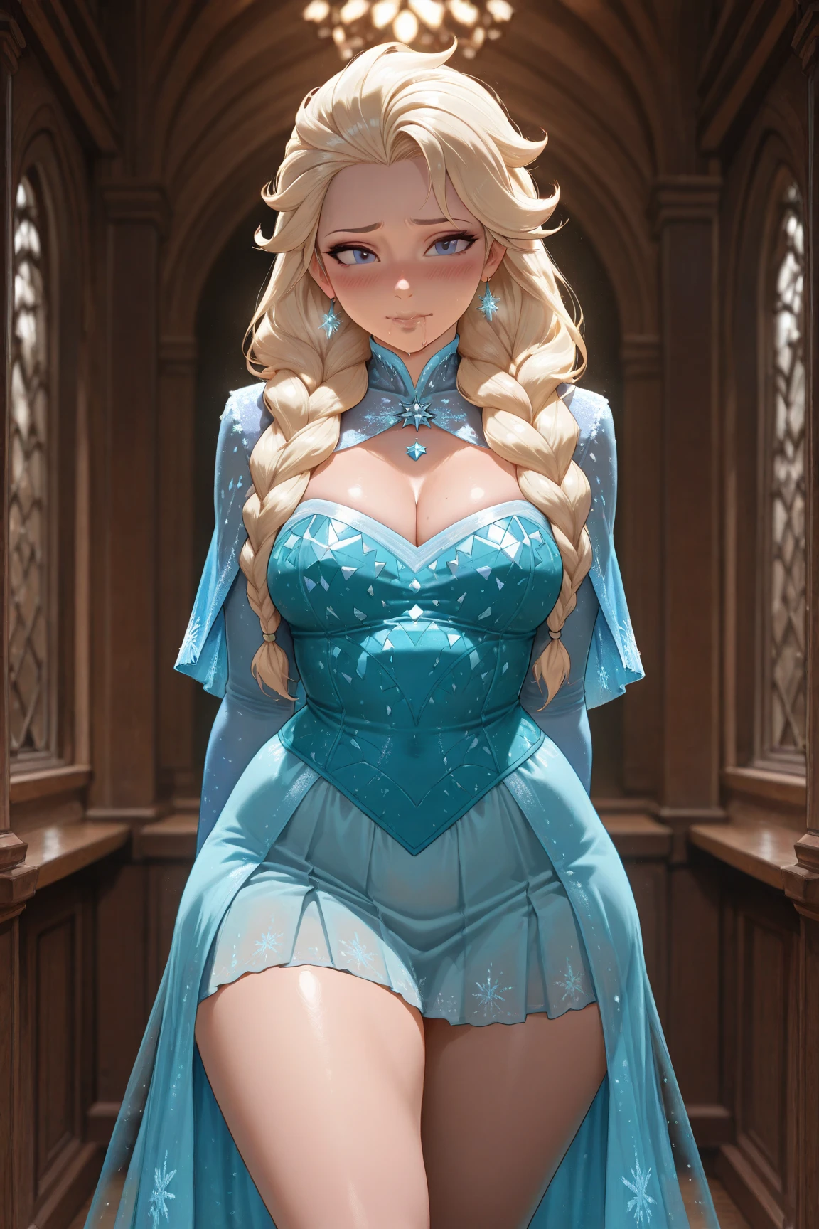 obra prima, melhor qualidade, 1 girl, princesa Anna, Frozen, exaggerated breast, nips visible under the shirt, stockings with suspender, in the snow