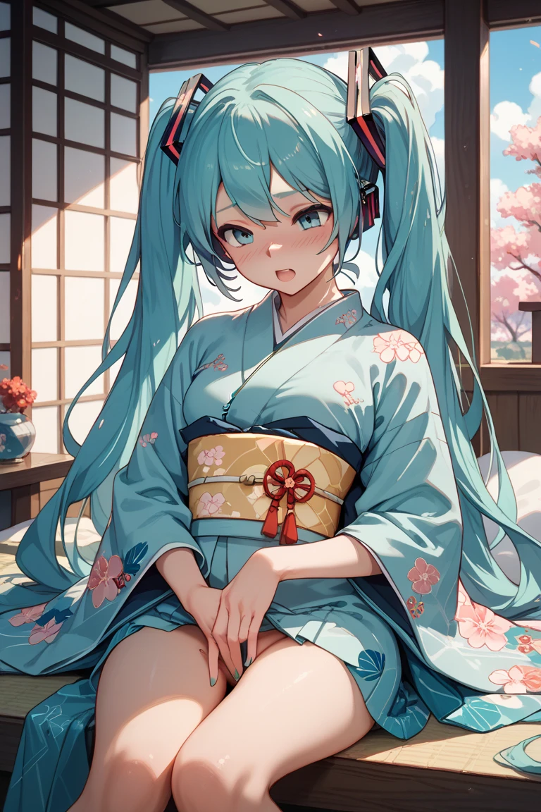 1girl, solo, blue hair, bangs, yukata, japan, cherry blossoms, hair ornament, Create digital artwork in the anime style, a white woman, Movie color scheme, Vibrant brushstrokes, Drawing, illustration, blue eyes, with cat ears, next to window, green Hair, 4K, High Quality, one person, Happy Face, happy face, sunny