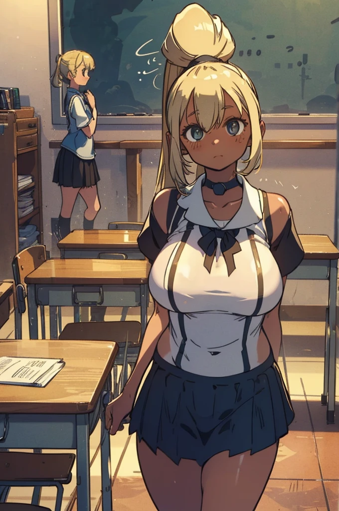 (Masterpiece:1.2, Best quality), 1 lady, Single, , classroom, day, He sits, blond, Twintel , hose blue eyes , Open cooperation, darkskin breas,