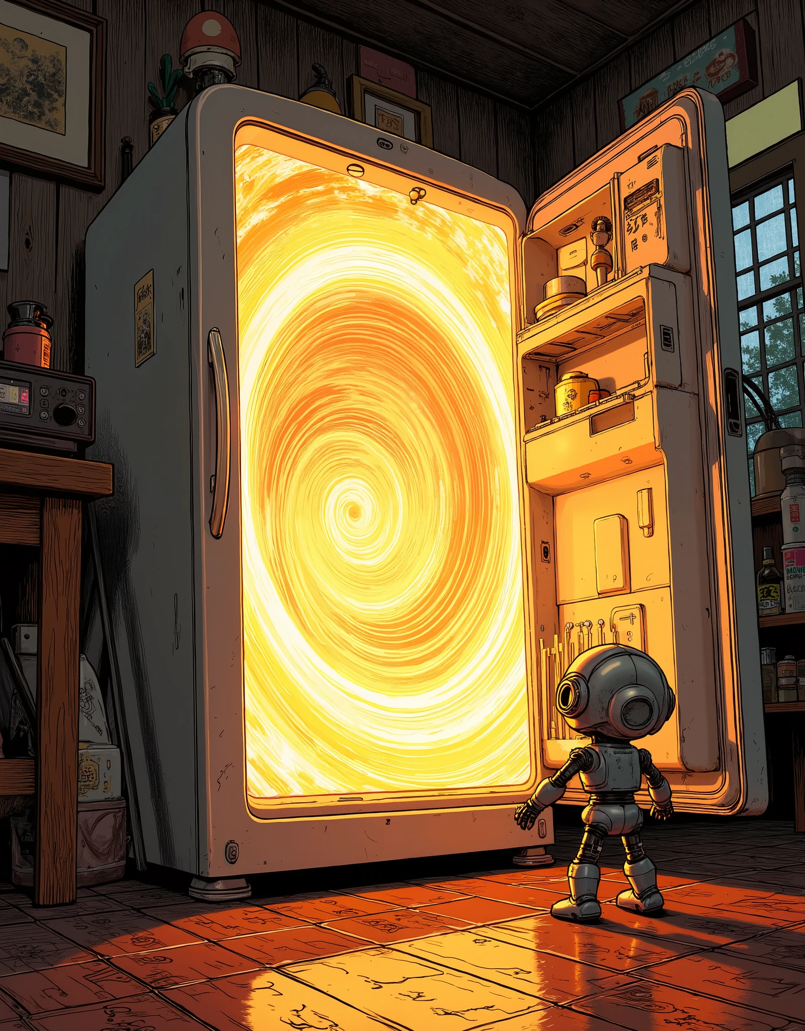 (masterpiece:1.2,BEST ILLUSTRATIONS:2.0,Very Detailed.2.0),8k,16k,wallpaper,( glowing portal:2.0),(The refrigerator door is open:2.0),(冷蔵庫の中は別次元へと繋がる glowing portal:2.0),(An old Japanese apartment room:2.0),(A cute little robot is standing in front of the refrigerator door:2.0),(渦巻く glowing portalの美しいグラデーションと神々Shiny Light Vortex:2.0),(comics:2.0),(Line Art:1.0)