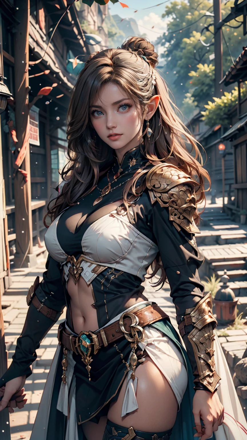 Ayaka, Solemn knight with ponytail, Gray Hair, Standing in the middle of a field background, Adding a touch of knight armor(0.7) To her charm. She has medium sized breasts and a charming smile with a hair accessory