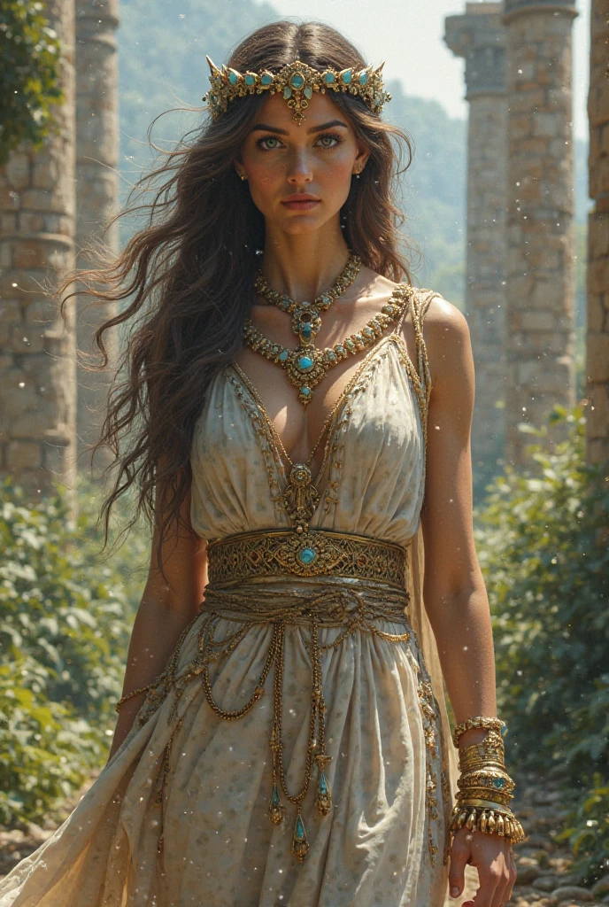 Full body, there is a woman in an elegant dress, an American woman, She is a beautiful, open dressing, with long hair, navel showed, sexy body, open cleavage, ruins in the background, stunning art, epic realistic, detailed costume, Behance costume, stunning portrait, 8k high-quality detailed art, Hyper-detailed character, ultra-realistic, hyper-realistic, ultra-detailed, --v6