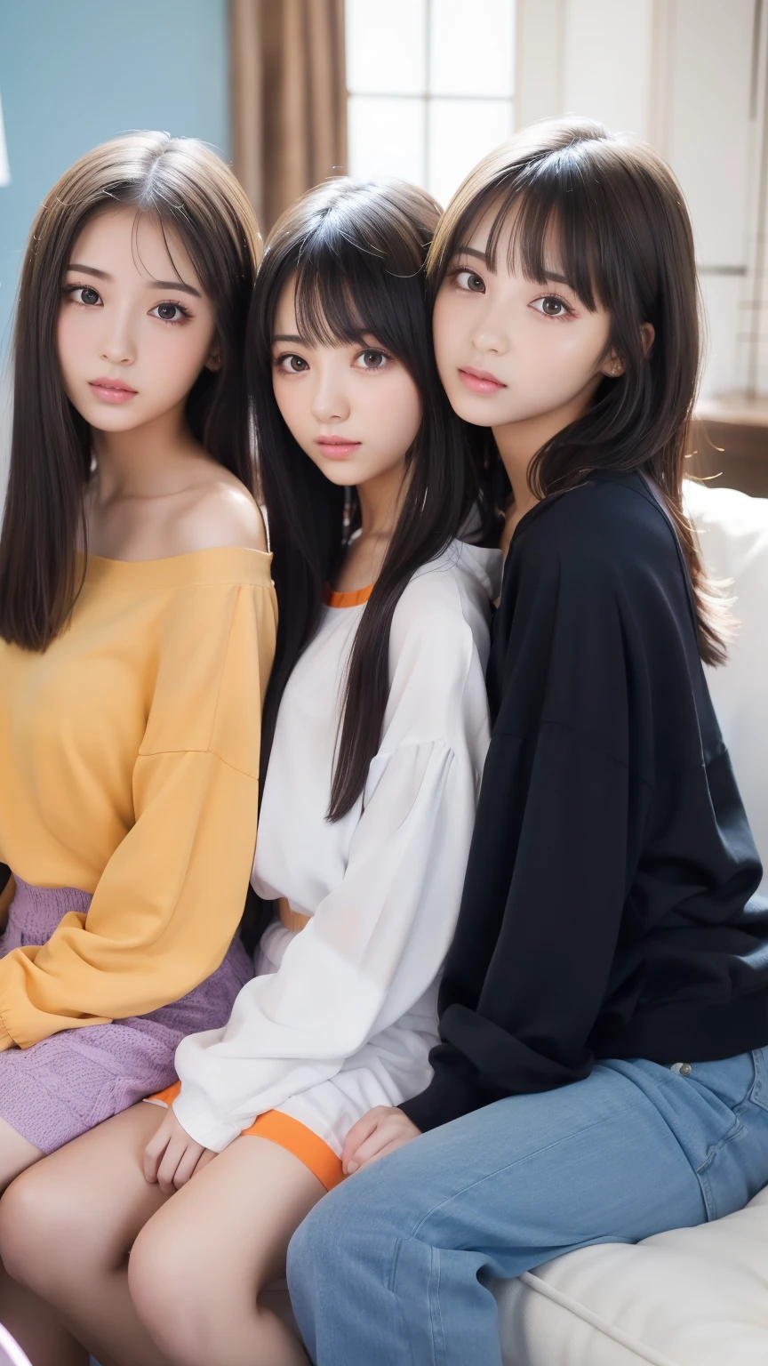 three hot sexy girlss, 3girls, 20 years old, malay, white skin, one girl has long black straight hair wearing light-blue clothes, one girl has short brunette hair wearing light-violet clothes, one girl has curly brunette hair wearing light orange clothes, medium breast, looking innocent at the viewer, sexy pose, in the living room, sitting