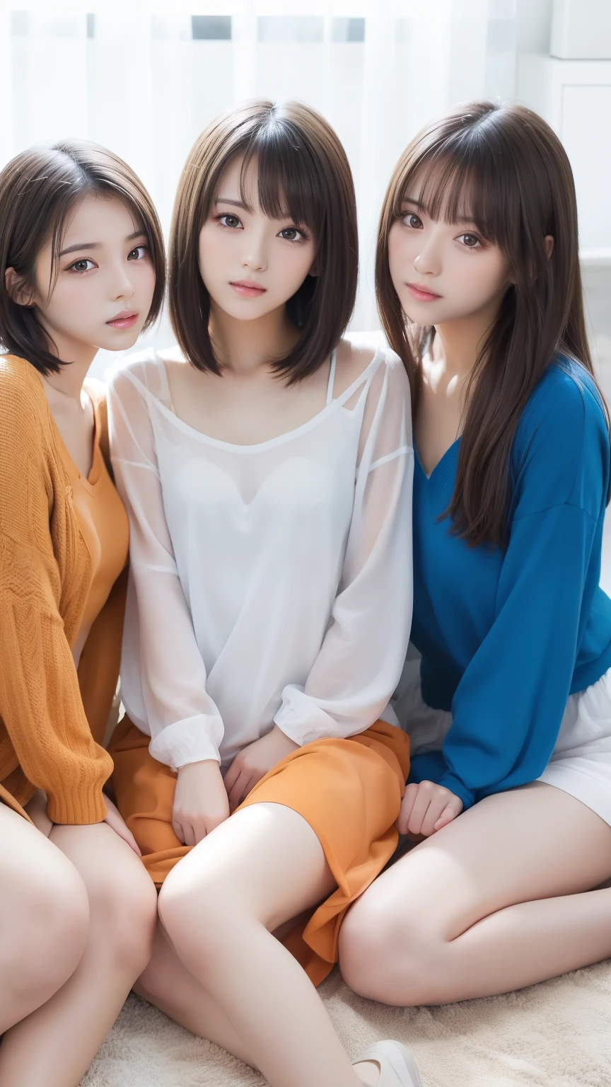 three hot sexy girlss, 3girls, 20 years old, malay, white skin, one girl has long black straight hair wearing light-blue clothes, one girl has short brunette hair wearing light-violet clothes, one girl has curly brunette hair wearing light orange clothes, medium breast, looking innocent at the viewer, sexy pose, in the living room, sitting, full body, wide angle