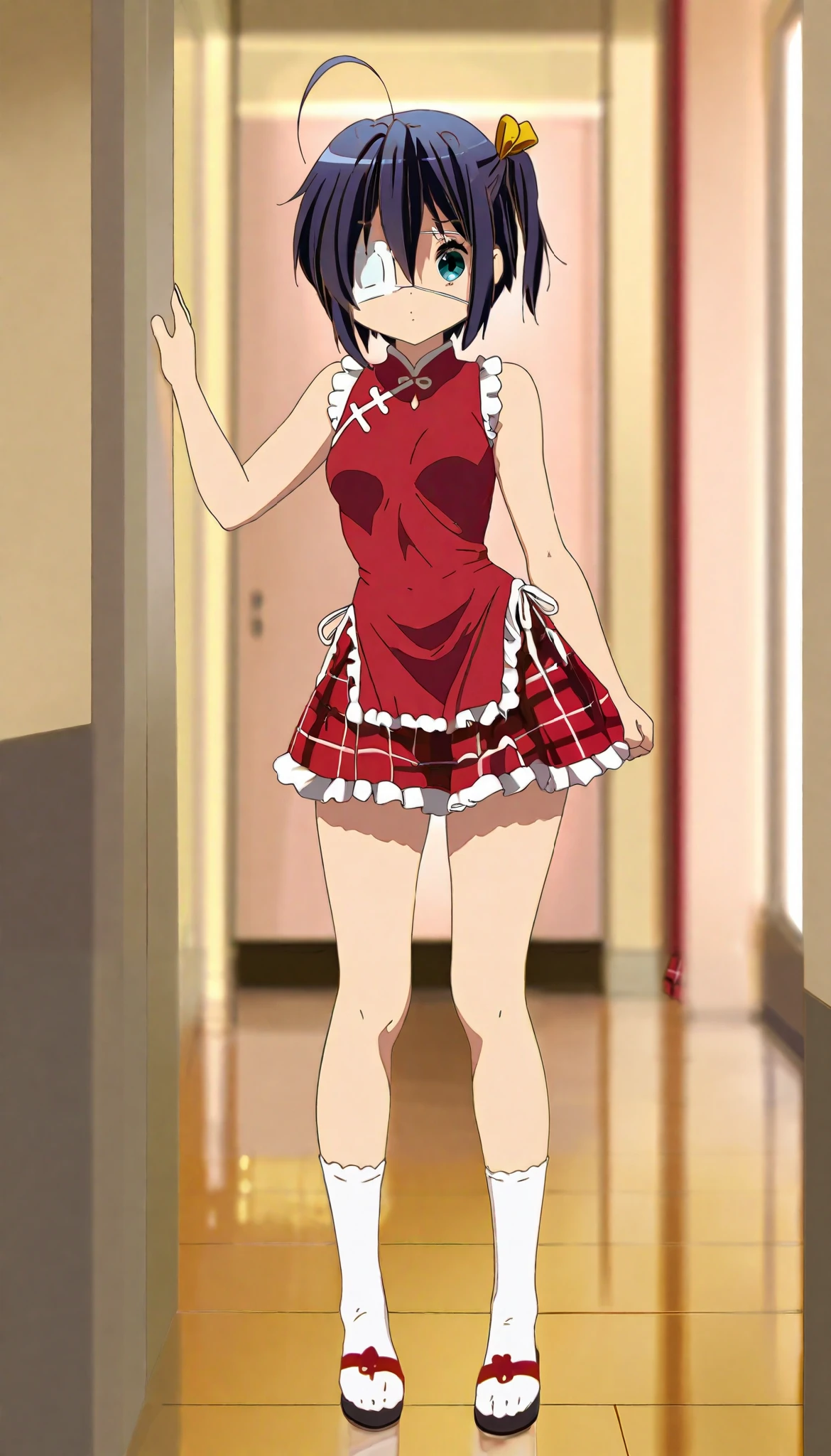 1girl in,(standing),classroom,from behind,From below,Looking at Viewer,Tomomi_Xijing, bow ribbon, Short hair, ,red uniform,Winter clothes,Long sleeves,(arms behind back),((bottomless)),((panties)),Perfect Lighting,Best Quality,,Smile,blush,anime screen cap,Flat color,cel shading,short torso,Show off panties,pantyshot,