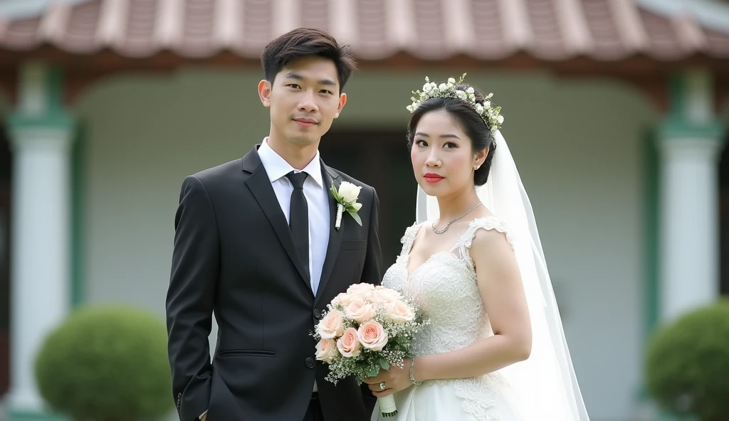 bride and groom posing for a picture in a garden, lovely couple, ruan jia and fenghua zhong, wedding photo, happy couple, couple, phong yintion j - jiang geping, bride and groom, wu liu, zhuoxin ye, song nan li, wenfei ye, jinyiwei, li zixin, jia, lei min