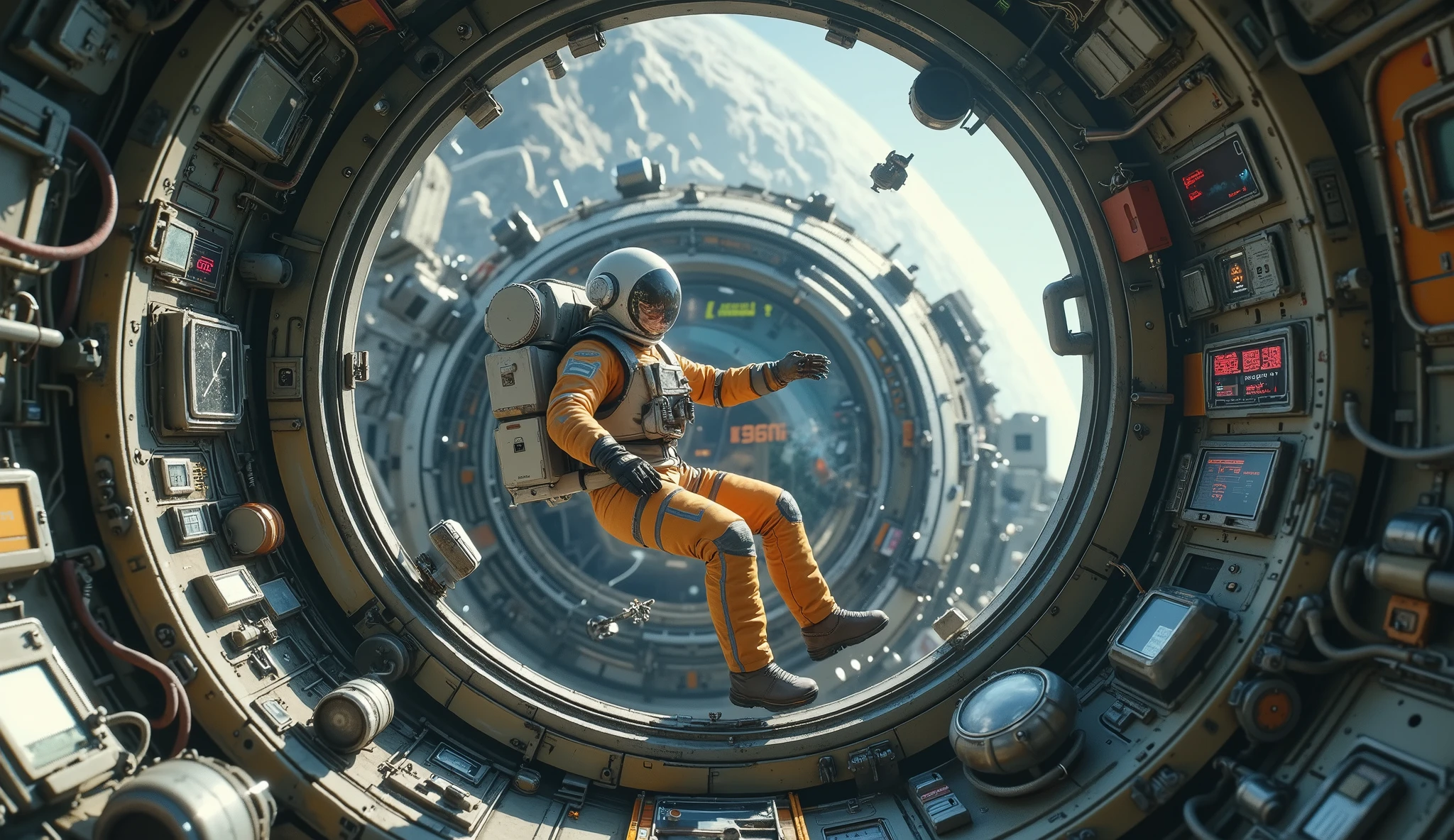 An ultra-realistic first-person view (to throw) view of an astronaut floating inside a wrecked spaceship. Loose parts and cables with sparks create a tense atmosphere. His gloved hands extend, trying to stabilize. A crack in the helmet lets in cold light from space, casting dramatic shadows . The control panel shows red alerts, warning of a total communication failure and loss of energy.