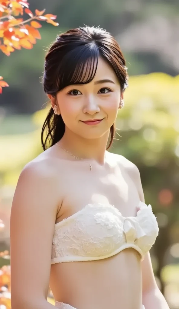 (sweat:0.7),Light yellow wedding dress,white short skirt,woman,japanese,exquisite face, beautiful face,bare shoulders,shoulders slightly exposed,translucent skin,black eyes,black hair,(photorealistic:1.4),realistic details, high resolution,bokeh,outstanding details