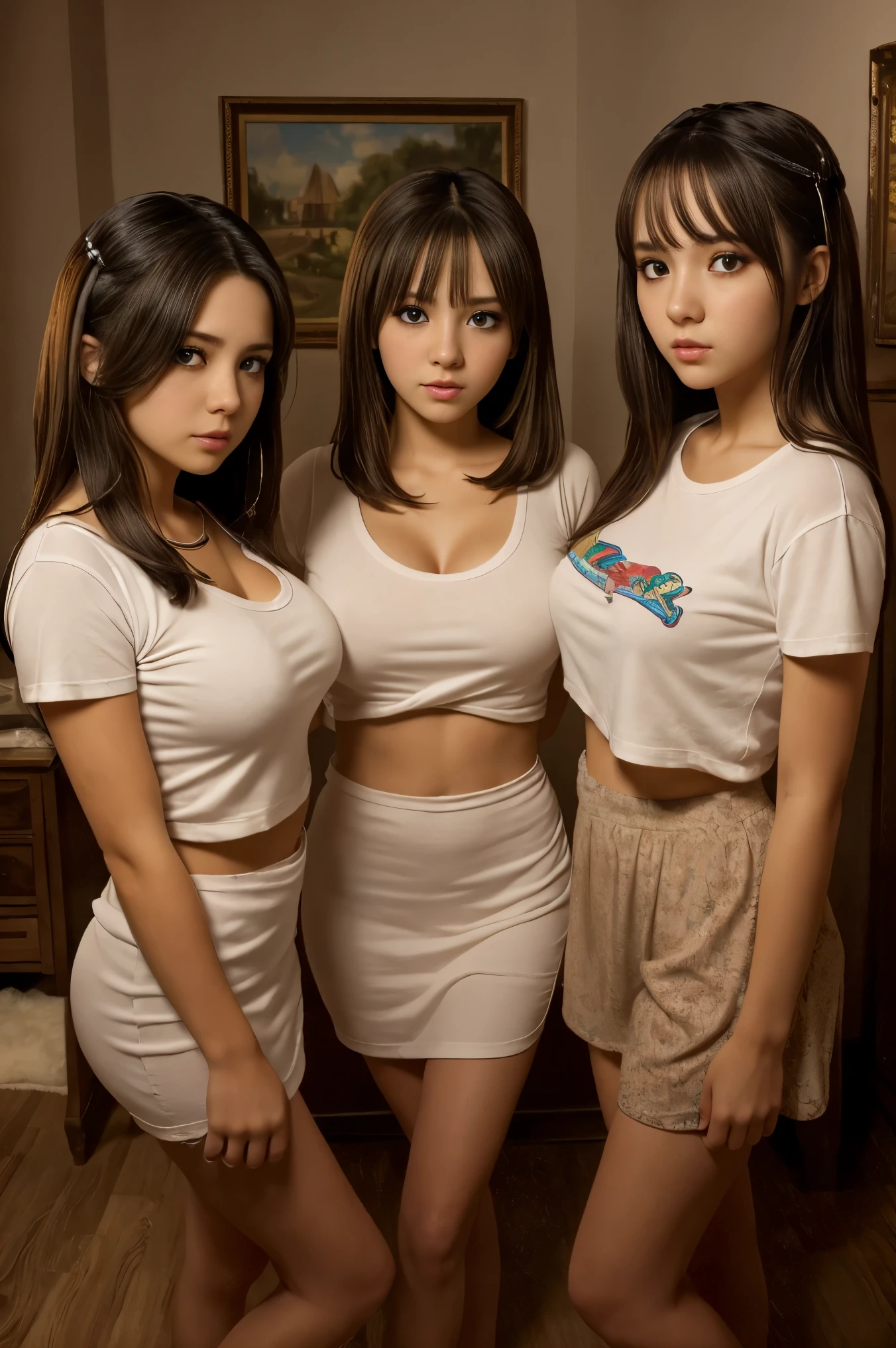 two short busty cute slightly chubby Mexican nerdy emo female sisters, short different volumetric brown hair, one have short hair, one has long hair, beautiful detailed brown eyes, cutely detailed lips, cute highly detailed eyes and face, round shape face, voluptuous breasts, wearing tshirt in different color, full body photo, masterpiece, photorealistic, 8k, vivid colors, studio lighting, professional, standing in their room at night, 3girls, wide angle