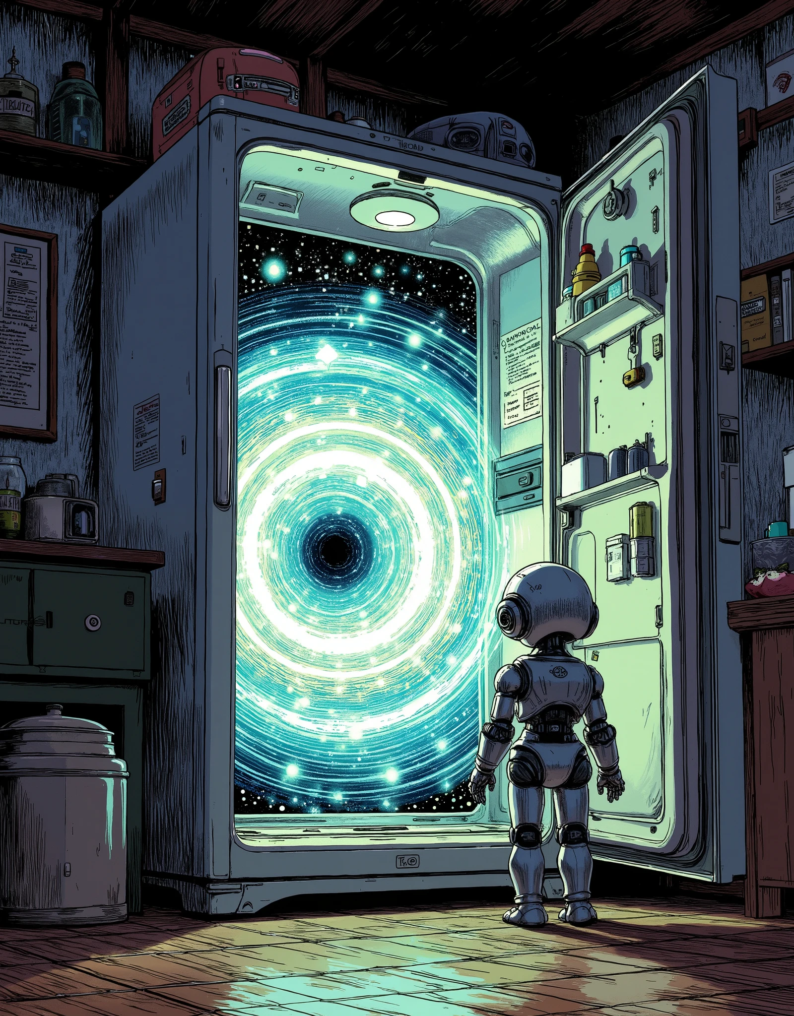 (masterpiece:1.2,BEST ILLUSTRATIONS:2.0,very detailed.2.0),8k,16k,wallpaper,( glowing portal:2.0),(The refrigerator door is open:2.0),(冷蔵庫の中は別次元へと繋がる glowing portal:2.0),(An old Japanese apartment room:2.0),(A cute little robot is standing in front of the refrigerator door:2.0),(渦巻く glowing portalの美しいグラデーションと神々Shiny Light Vortex:2.0),(comics:2.0),( Line Art :2.0)