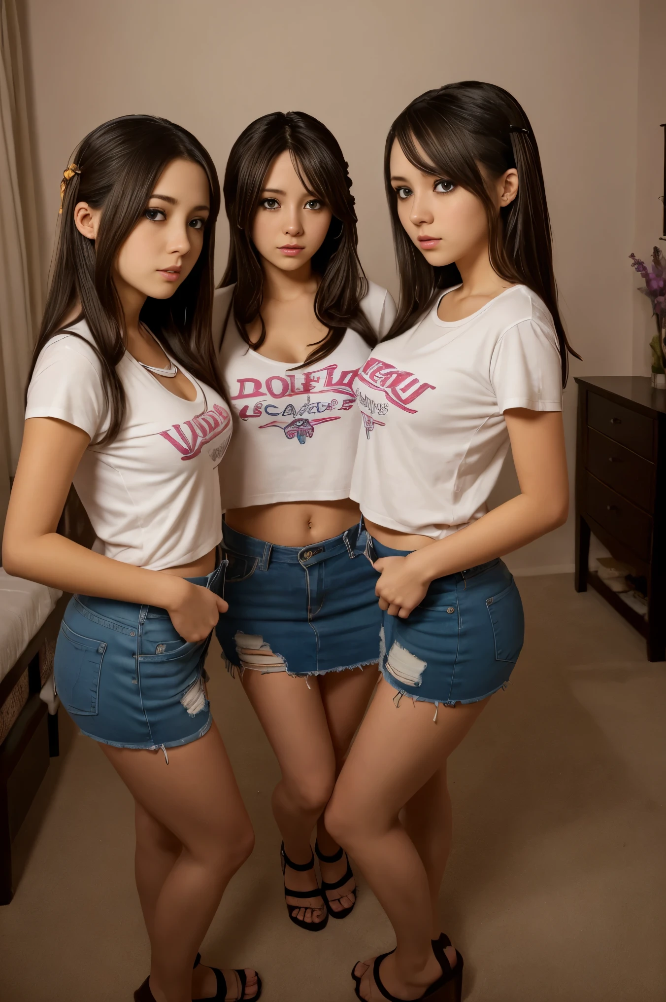two short busty cute slightly chubby Mexican nerdy emo female sisters, short different volumetric brown hair, one have short hair, one has long hair, beautiful detailed brown eyes, cutely detailed lips, cute highly detailed eyes and face, round shape face, voluptuous breasts, wearing tshirt in different color, full body photo, masterpiece, photorealistic, 8k, vivid colors, studio lighting, professional, standing in their room at night, 3girls, wide angle