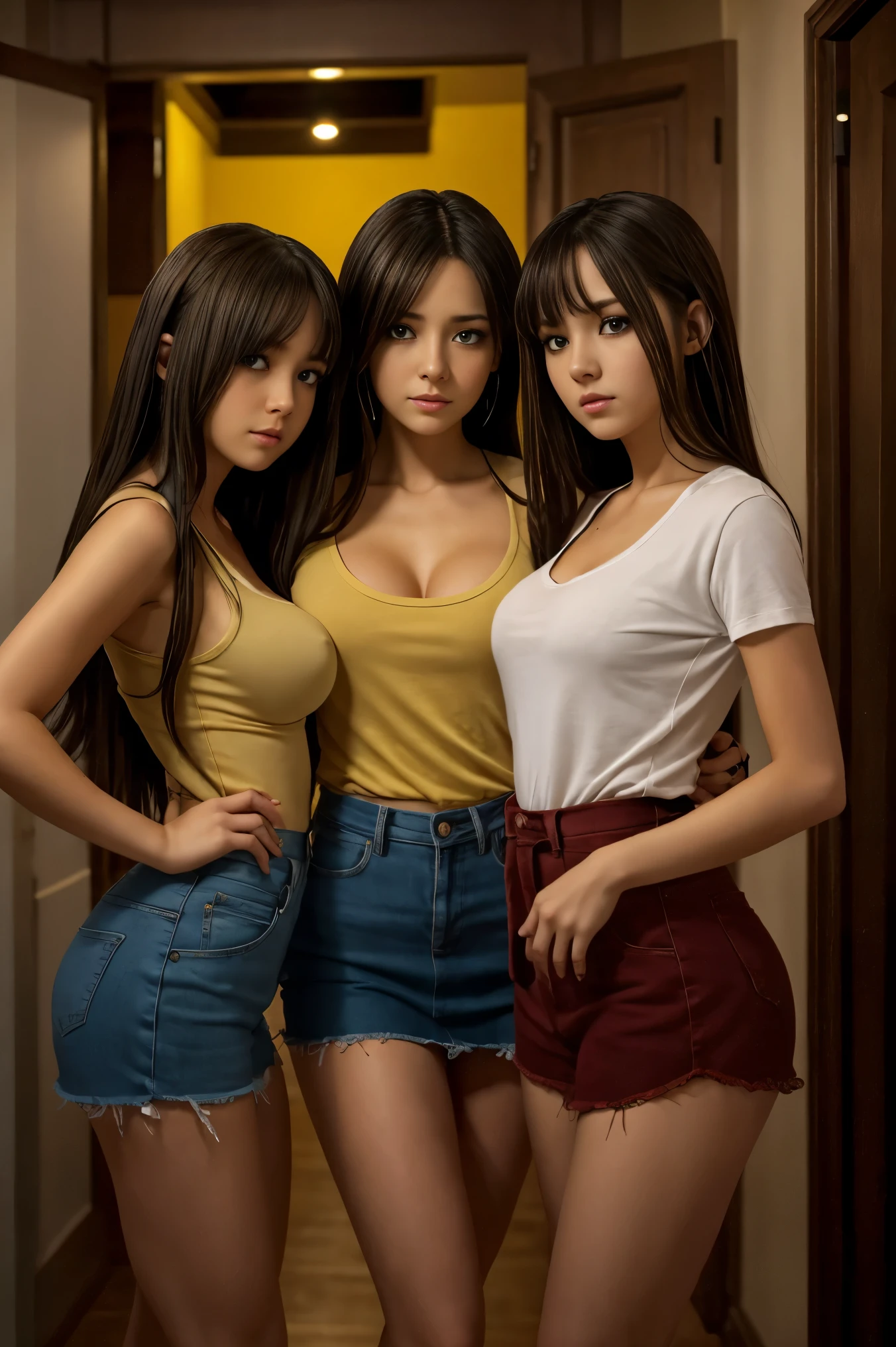 three short busty cute slightly chubby Mexican nerdy emo female sisters, short different volumetric brown hair, one have short hair, one has long hair, beautiful detailed brown eyes, cutely detailed lips, cute highly detailed eyes and face, round shape face, voluptuous breasts, wearing tshirt in different color, full body photo, masterpiece, photorealistic, 8k, vivid colors, studio lighting, professional, standing in their room at night, 3girls,