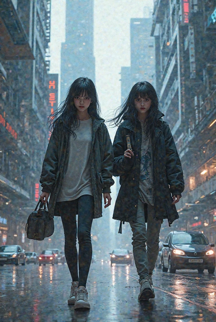 in a futuristic city. Four women with exceptionally long hair and huge breasts were on the way to their daily work, waiting for the bus on a busy street. Dressed in very wet and strict futuristic office wear, super detailed photography, Play of light in the sun rain, downpour, ((a drop of water falling from a height onto the surface of the water)), splashes, luminism, intricate, 4k concept art volumetric light, unrealistic engine, global illumination, detailed environment.