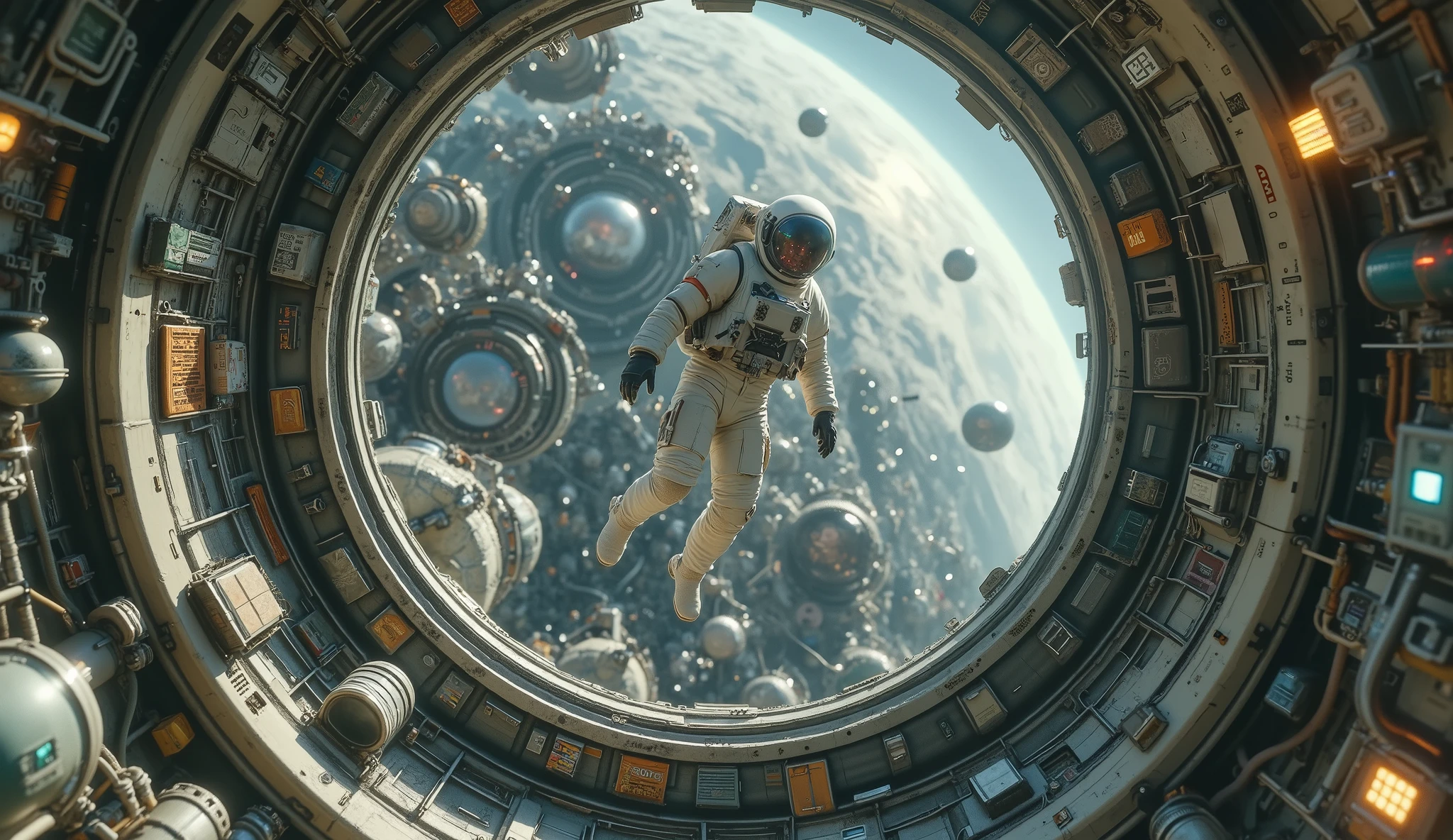 An astronaut floating in a five-dimensional world.
