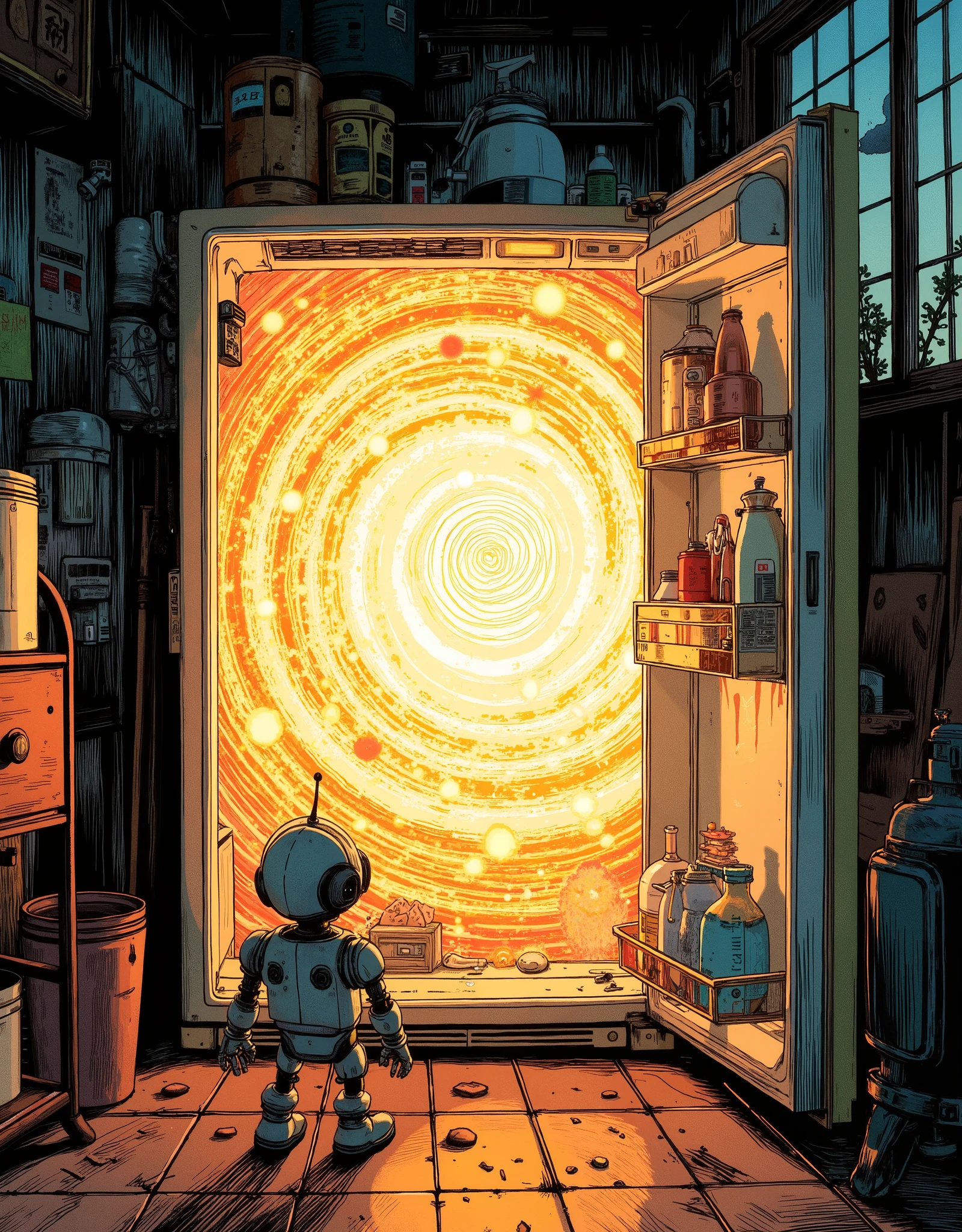 (masterpiece:1.2,BEST ILLUSTRATIONS:2.0,very detailed.2.0),8k,16k,wallpaper,( glowing portal:2.0),(The refrigerator door is open:2.0),(冷蔵庫の中は別次元へと繋がる glowing portal:2.0),(An old Japanese apartment room:2.0),(A cute little robot is standing in front of the refrigerator door:2.0),(渦巻く glowing portalの美しいグラデーションと神々Shiny Light Vortex:2.0),(comics:2.0),( Line Art :2.0)