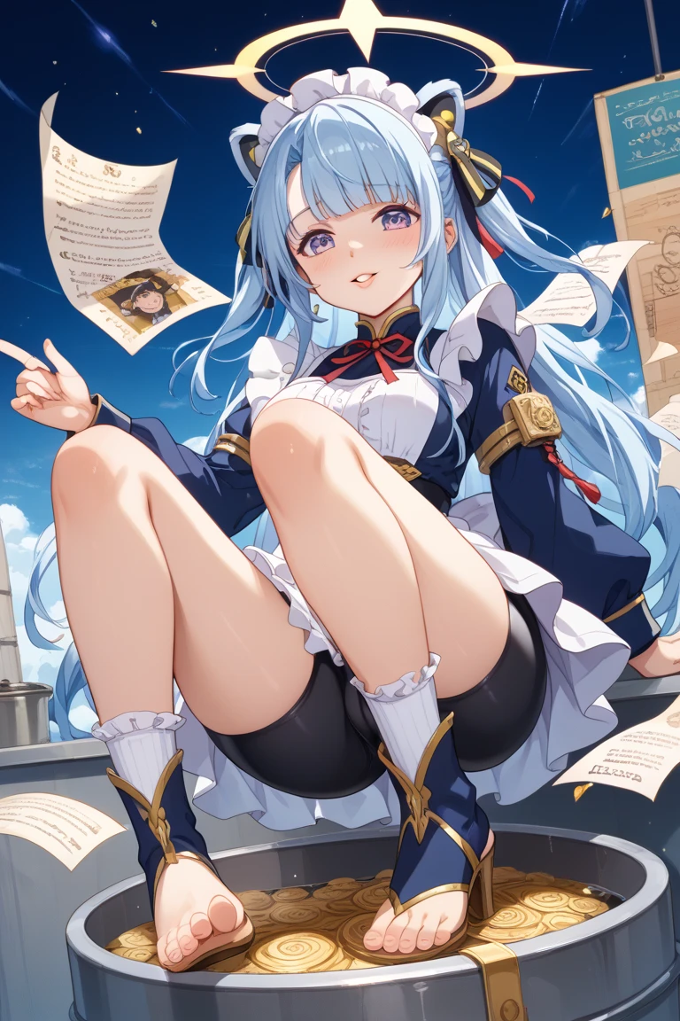 (masterpiece),(best quality),best quality,high resolution illustration,Amazing,intricate detail,(best illumination, best shadow, an extremely delicate and beautiful),
artist AGM,1girl,breasts,solo,pantyhose,looking at viewer,ass,no shoes,indoors,feet,legs,plant,legs up,book,sitting,thighs,potted plant,hair ornament,cloud,closed mouth,soles,full body,sky,white pantyhose,blinds,day,toes,window,book stack,
<lora:xl_Cicely_d12a6:1>,Cicely,blue hair,yellow eyes,happy,open mouth,laugh,(Tear mole under both eyes:1.4),two Bun hair,parted bangs,shorts,cape,white thighhighs,gloves,long sleeves,white hat,wide sleeves,