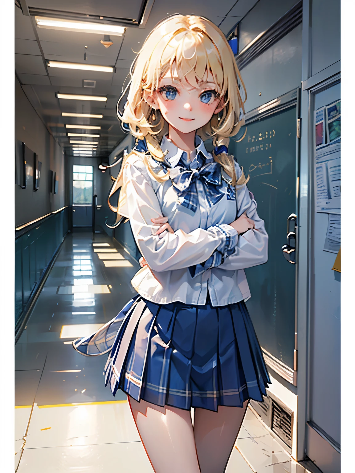 (masterpiece),(Best Quality:1.2),((perfect anatomy)),(( cross your arms a little)),(1 girl),(flat chest),Best Quality,(royal blue white plaid mini skirt:1.3),( sheer white blouse),(Blonde with Side Tail ),beautiful smile,Walking Path, DESPERATE Visual Impact , like hugging the sky, movie lights,description depth of border,(((school hallway,natural light)))