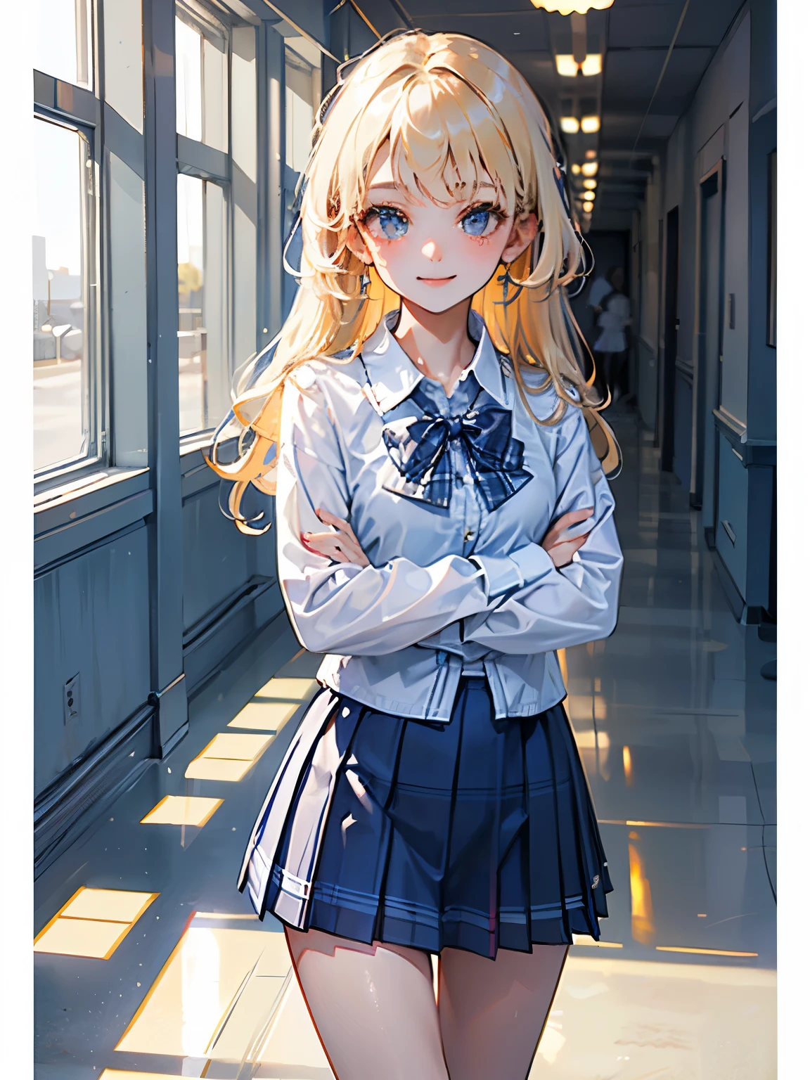(masterpiece),(Best Quality:1.2),((perfect anatomy)),(( cross your arms a little)),(1 girl),(flat chest),Best Quality,(royal blue white plaid mini skirt:1.3),( sheer white blouse),(Blonde with Side Tail ),beautiful smile,Walking Path, DESPERATE Visual Impact , like hugging the sky, movie lights,description depth of border,(((school hallway,natural light)))