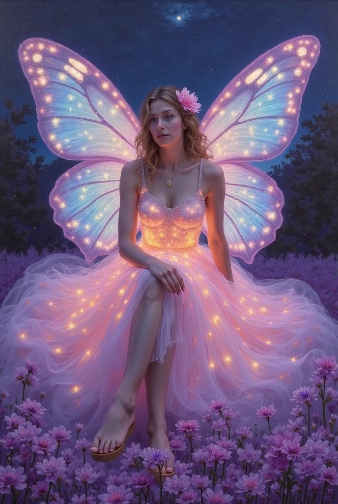 Oil painting on canvas《Summer Valley》,Etienne Adolphe Piaud, Etienne Adolphe Piot,English Pre-Raphaelite painter,Pre-Raphaelite Brotherhood, A woman in a glowing costume sitting on a purple cloud in front of a purple background,Her dress is made of translucent tulle,It is decorated with lights of various colors.,The whole presents a colorful effect,There is a pair of huge butterfly wings behind the woman,Also made of luminous material,radiating a soft,Wearing a flower on the head as decoration,Under her feet, a sea of purple flowers,The flowers look particularly beautiful in the night,dream,mystery,beauty,Aesthetic,Mainly realistic traditional style,The painting style is meticulous,Refreshing colors,HD,in the style of Pre-Raphaelite Brotherhood, elf ears, cleavage, thigh, short skirt, sexy, elf ears, elf ears