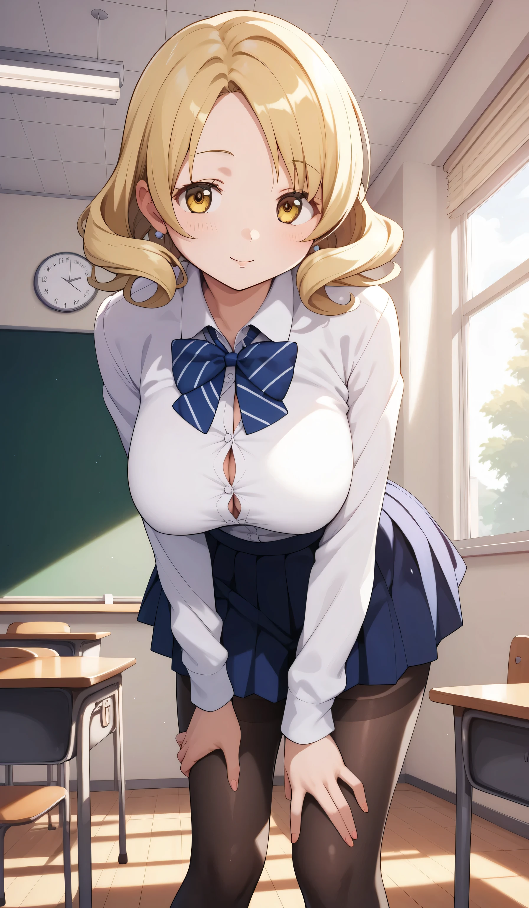 masterpiece, best quality, detailed beautiful face and eyes, very detailed background, Mami Tomoe, megami magazine, medium blonde hair, parted bangs, yellow eyes, large breasts, 1girl, glossy lips, classroom, white button-up shirt, standing, pleated black miniskirt, tights, view from below, leaning forward