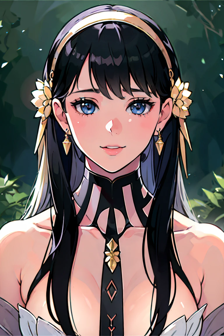 Masterpiece, high quality, Single female, Ethereal, beautiful, portrait, two metres long black hair, straight hair, flowy hair, hair cascades down the ankles, side bangs, tan skin, dark skin, golden eyes, vibrant green eyes, sweet smile, colorful, white colors, wearing revealing gold top, Thai dress, The face is kind, smiling, gentle, lovely, jasmine flower in the background, daytime, Rich in color, close-up shot, bust photo, NO hands. Look at viewer.