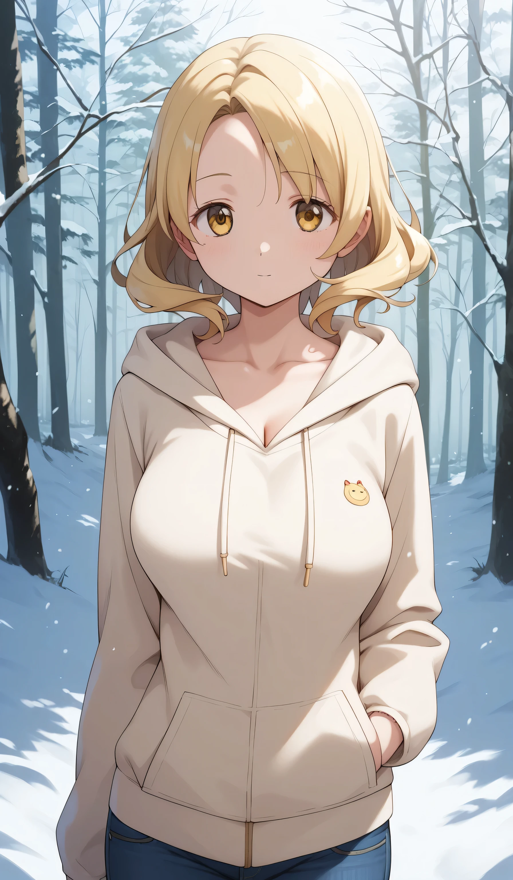 masterpiece, best quality, detailed beautiful face and eyes, very detailed background, Mami Tomoe, megami magazine, medium blonde hair, parted bangs, yellow eyes, large breasts, 1girl, cowboy shot, snowy forest, collarbone, hoodie, jeans