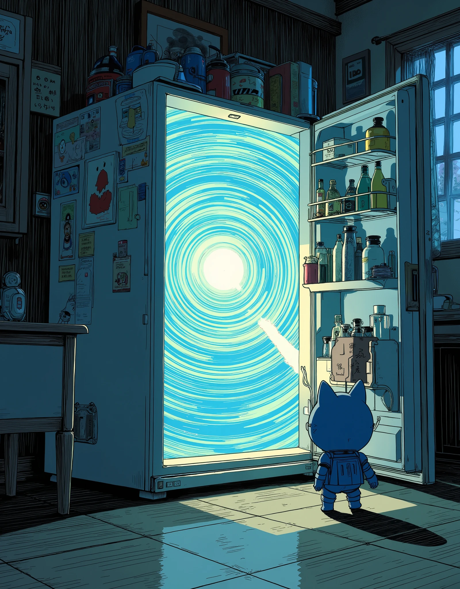(masterpiece:1.2,BEST ILLUSTRATIONS:2.0,very detailed.2.0),8k,16k,wallpaper,( glowing portal:2.0),(The refrigerator door is open:2.0),(冷蔵庫の中は別次元へと繋がる glowing portal:2.0),(An old Japanese apartment room:2.0),(A small and cute blue cat-shaped robot is standing in front of the refrigerator door:2.0),(渦巻く glowing portalの美しいグラデーションと神々Shiny Light Vortex:2.0),(comics:2.0),( Line Art :2.0),(minimalist)