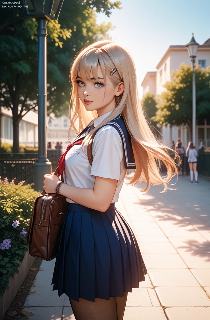 (masterpiece:1.5, best quality:1.5), perfect body, (hand reference anatomy:1), 1girl, solo, (beautiful, aesthetic, perfect, delicate), (depth of field:1.2), (1girls, solo), detailed eyes, ((perfect eyes)), girl, anime 2d, 2d, silver mini crown, flipped hair, blonde hair, long hair, short sidelock, shiny hair, blunt bangs, blue eyes, pupils sparkling, illustration, contrapposto, cinematic lighting, cinematic angle, pale gradient sailor shirt, coral ribbon, aqua pleated plaid skirt, loose socks, deck shoes