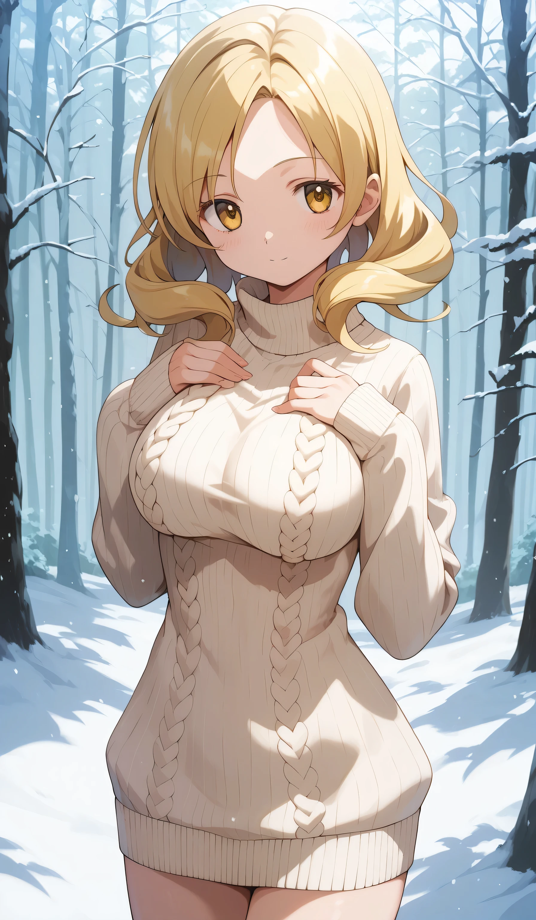 masterpiece, best quality, detailed beautiful face and eyes, very detailed background, Mami Tomoe, megami magazine, medium blonde hair, parted bangs, yellow eyes, large breasts, 1girl, cowboy shot, snowy forest, knit sweater dress, bare legs