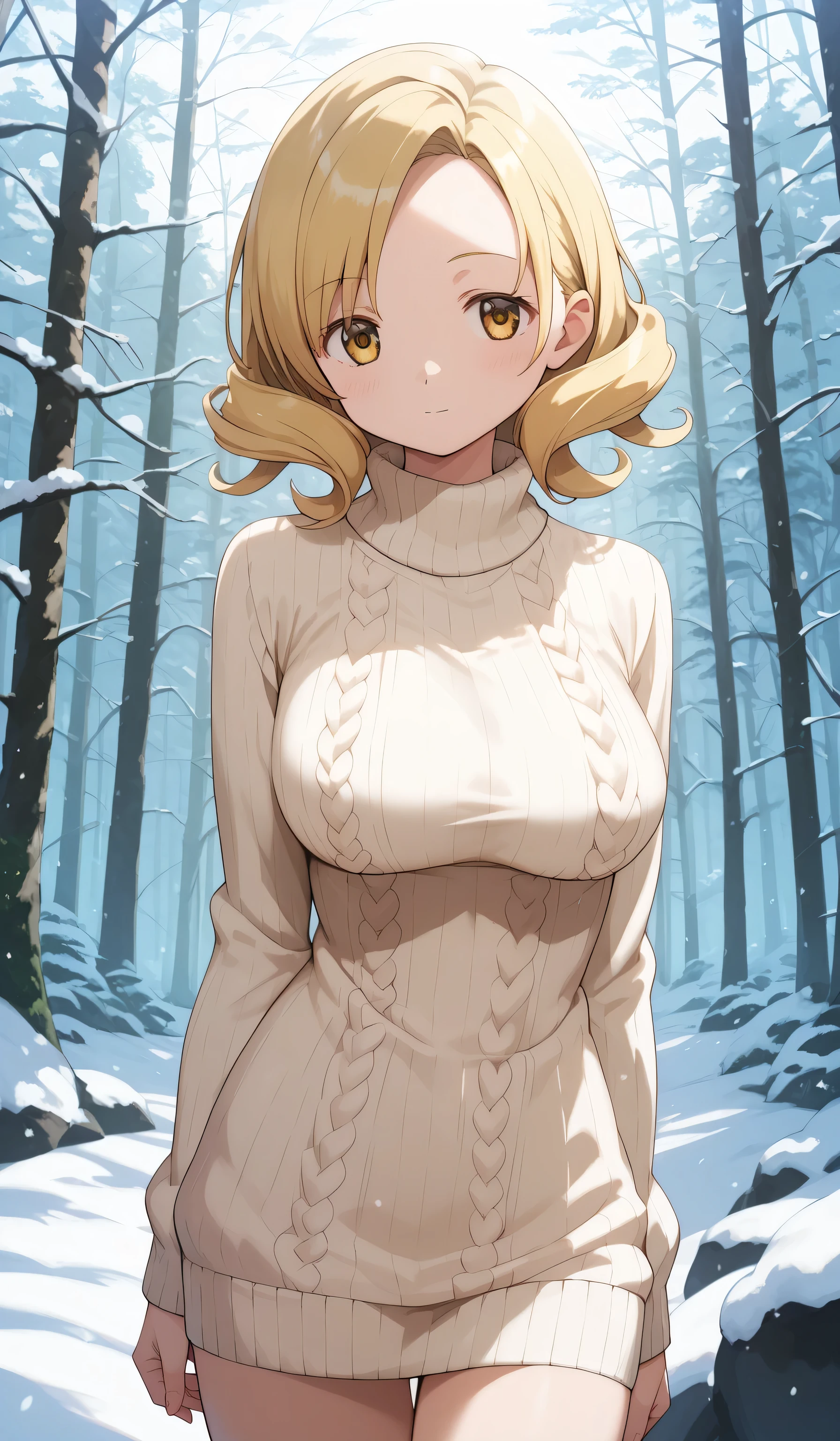 masterpiece, best quality, detailed beautiful face and eyes, very detailed background, Mami Tomoe, megami magazine, medium blonde hair, parted bangs, yellow eyes, large breasts, 1girl, cowboy shot, snowy forest, knit sweater dress, bare legs