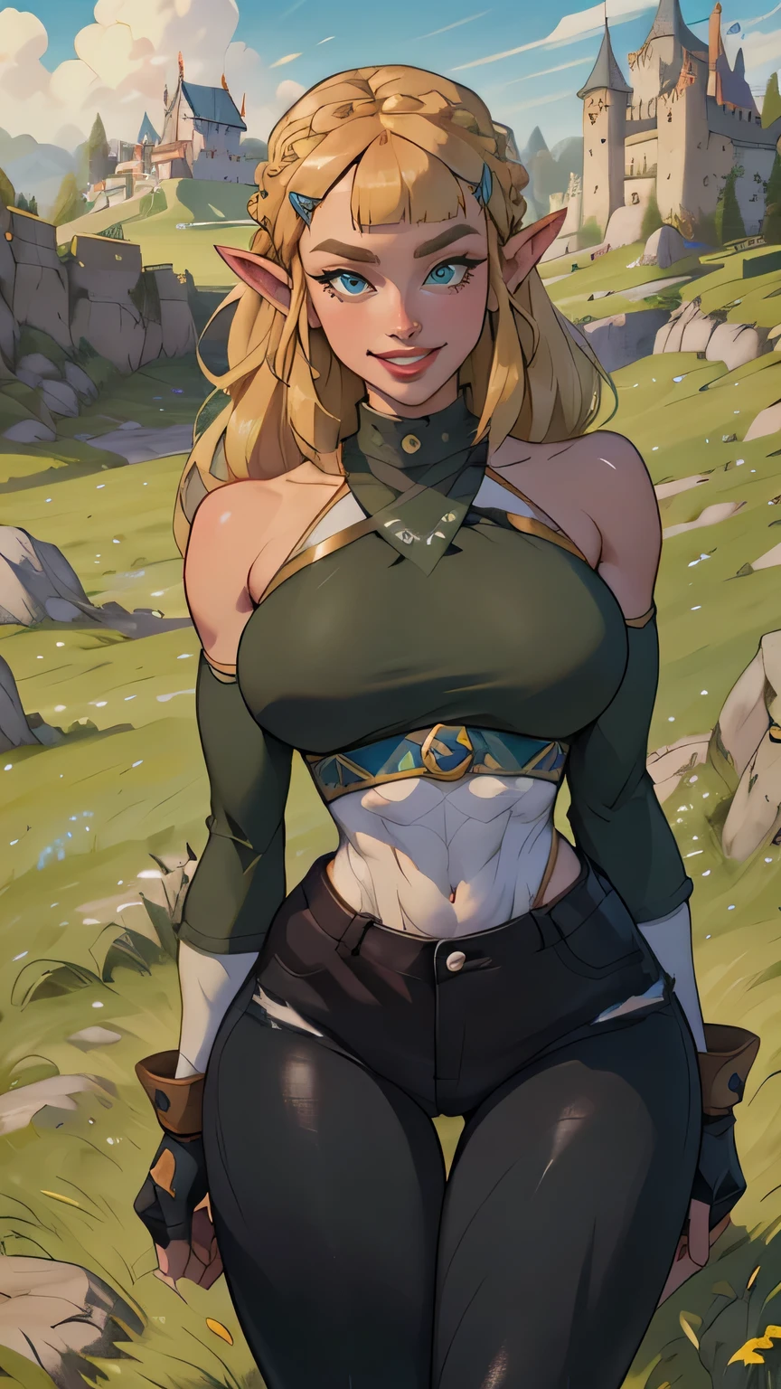 (Muscular:1.6), (thick thighs:1.7),
princess_zelda_aiwaifu, pointy ears, braid, hair ornament, hairclip, fingerless gloves, blue shirt, (halter top), crown braid, long sleeves, (blunt bangs:1.5), green eyes, sidelocks, thick eyebrows, (black pants, tight pants:1.3), (big smile:1.3), (long blonde hair:1.2),
hard nipples, (small perky breasts:1.5),
eyeshadow, lipstick, (midriff, abs), 
looking at viewer, (three quarter view), upper body view,
rim lighting, detailed skin, detailed eyes, grassy field
