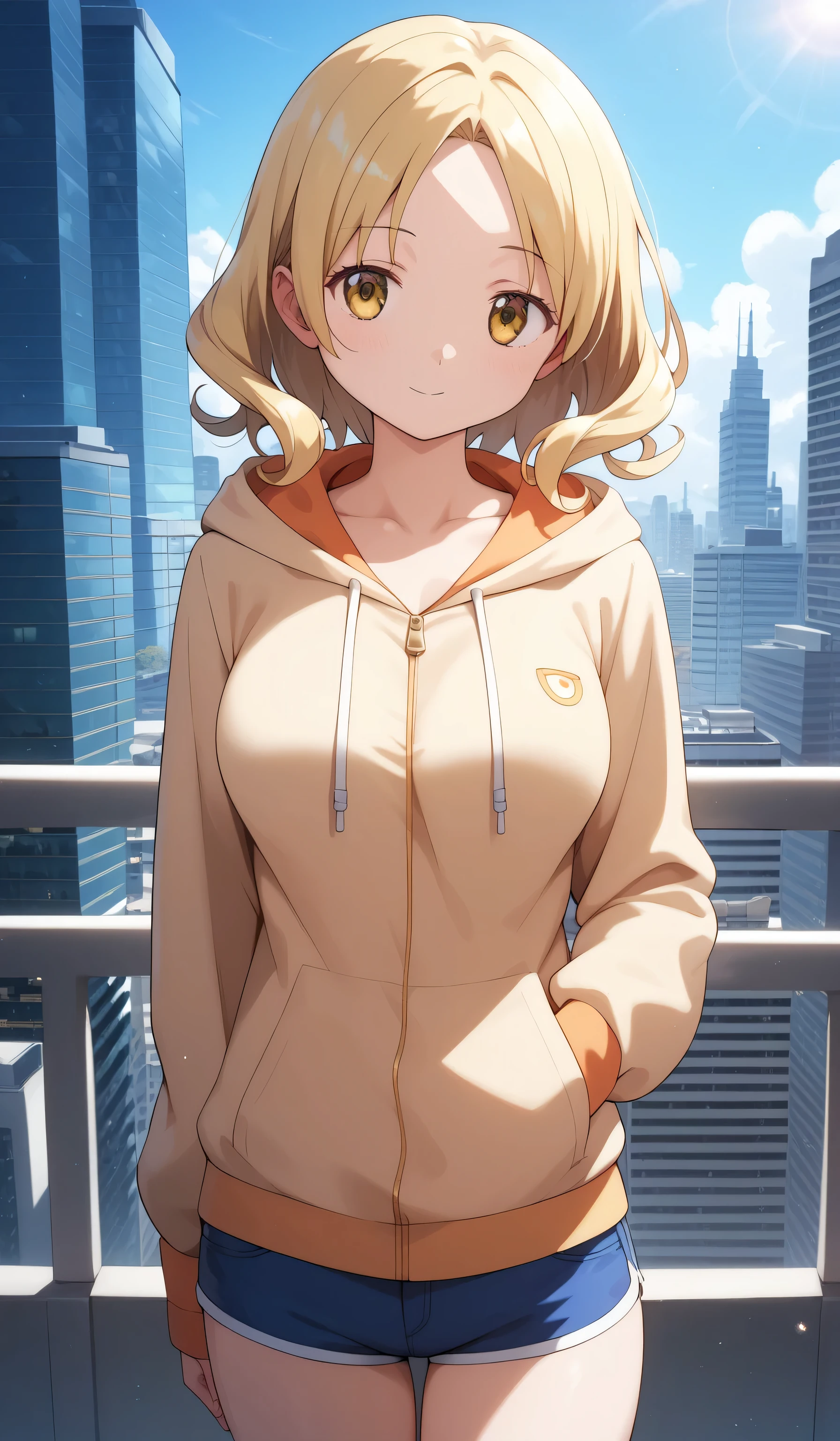 masterpiece, best quality, detailed beautiful face and eyes, very detailed background, Mami Tomoe, megami magazine, medium blonde hair, parted bangs, yellow eyes, large breasts, 1girl, cowboy shot, city, hoodie, collarbone, short shorts