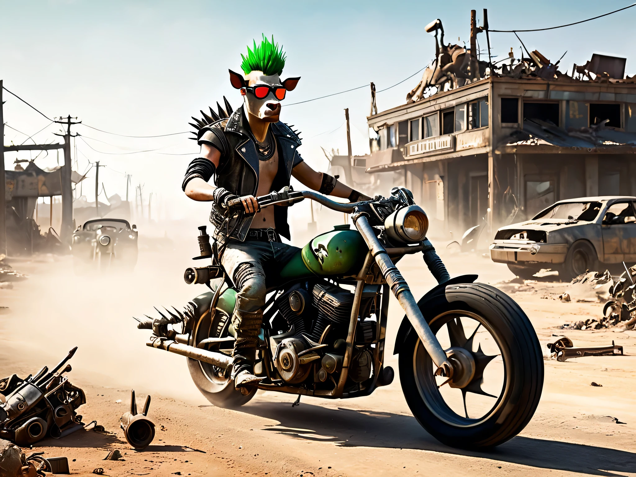 Post-apocalyptic world in the style of Fallout and Mad Max. The main character is a cow with a crazy expression, a green mohawk, and sunglasses. It is riding a powerful motorcycle made of scrap metal, decorated with spikes. The environment features remnants of a destroyed city, dusty roads, and rusty vehicles. The atmosphere is vintage-styled with elements of retro-futurism