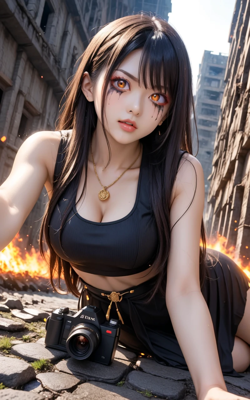 background（Black Night Sky，Big Moon），Close-up of a woman，Wearing a white shirt、((Black-rimmed glasses))、Purple Hair，Very long hair，very thick braids，Purple eyes，big ， realistic girl rendering, 8k artistic german bokeh, Enchanting girl, Realistic girl, Gurwitz, Gurwitz-style artwork, Girl Roleplay, Realistic 3D style, cgstation Popular Topics,, 8K Portrait Rendering,（truth，truth：1.4），Wear pink pajamas，巨big ，Sparkling eyes，Purple eyes、(highest quality,4K,8k,High resolution,masterpiece:1.2),Very detailed,(Realistic,photoRealistic,photo-Realistic:1.37),Mythical monster,Beast-like creature,Muscular,Six big legs,Stand like a gorilla,Red fur covering the body,two big horns,Drill teeth,Sharp Claws,Huge shape,Burning Fire Magic,Energy aura,A threatening presence,Glowing Eyes,Intimidating posture,Dark Environment,Smoke-filled air,Ominous Shadow,Majestic and fierce,Explosive power,Vibrant colors,bold,Horror art style,moving composition,Dramatic lighting,rib layer,large sharp teeth,Sharp Edges,Very detailedスケール,Burning Crack,Burning Flames,Furious expression,Burning with anger,Surrounded by sparks and embers